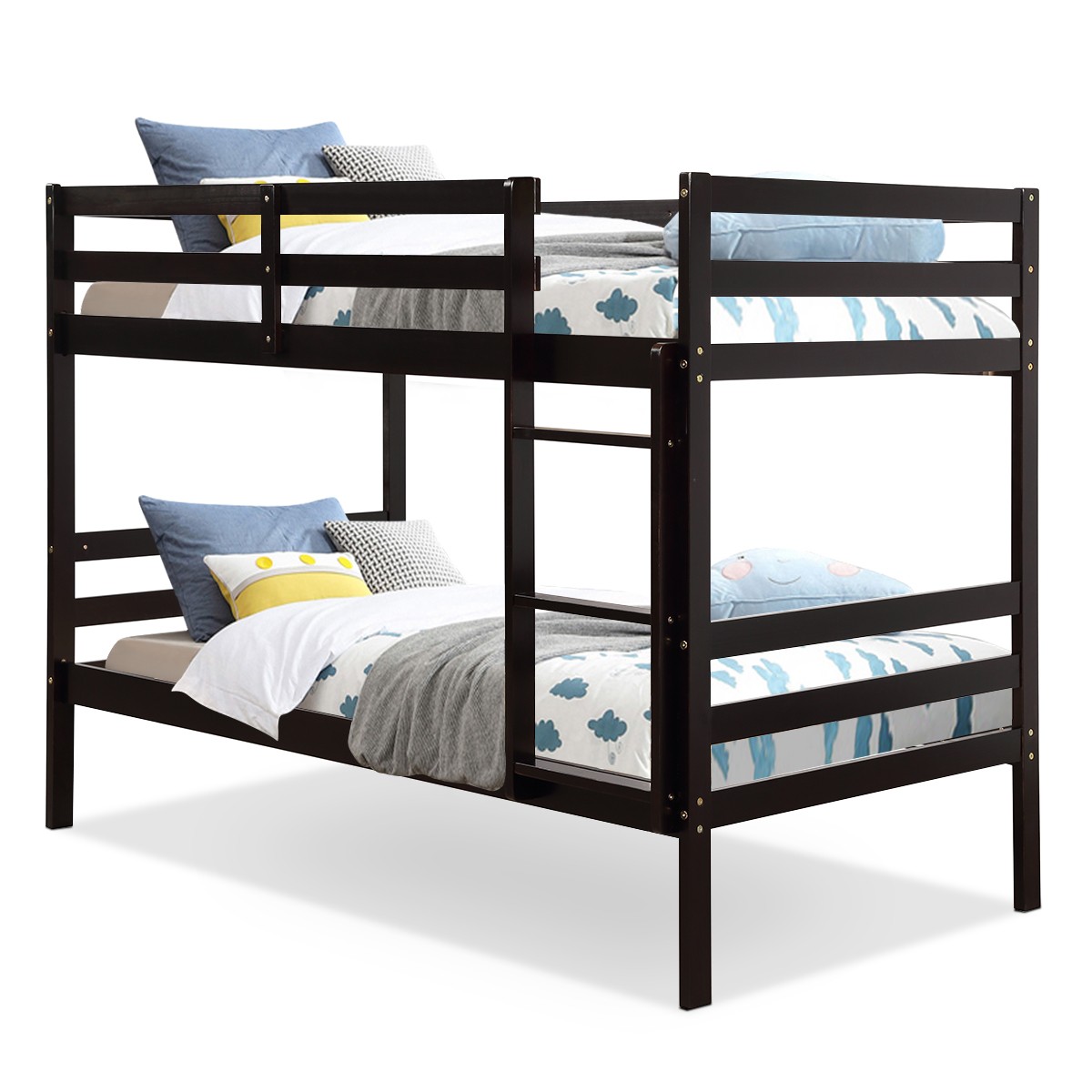 Twin Over Twin Wood Bunk Beds W/Ladder & Safety Rail Pine Wood Bunk Bed Espresso