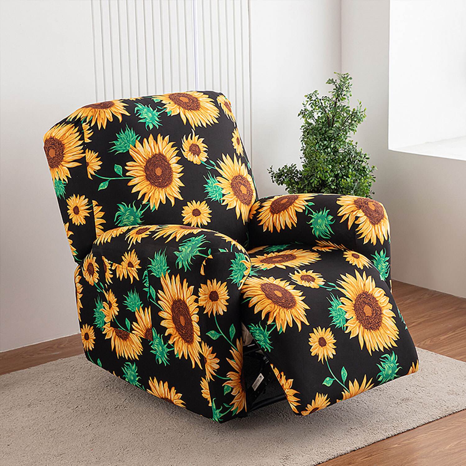 Printed stretch recliner cover, side pockets, home decor protection, stylish