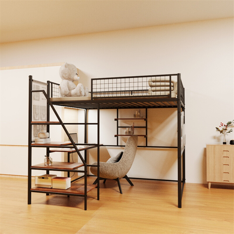 Full Size Metal Loft Bed w/Desk,Storage Stairs,Shelves & LED Light for Dormitory