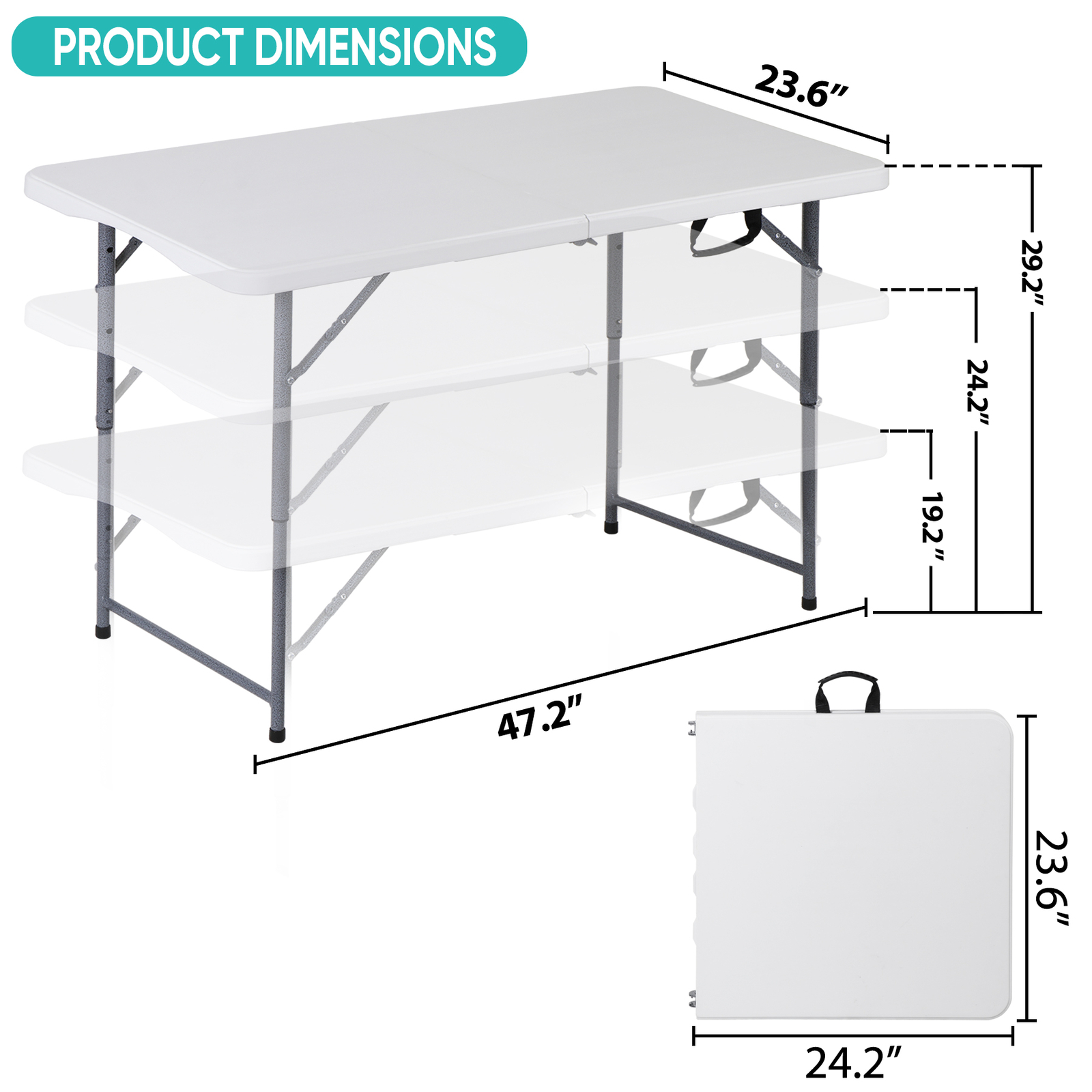 4ft Folding Table Adjustable Height Dining Table for Party Camping Picnic White