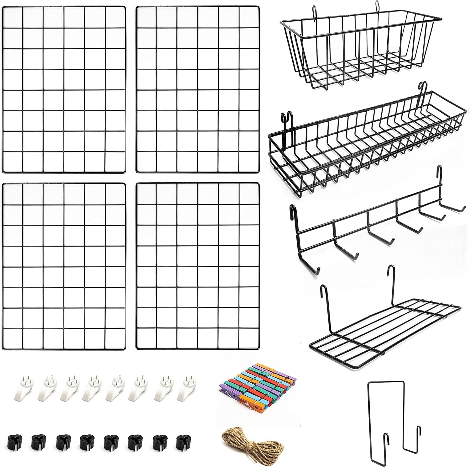 4 Pack Wire Wall Grid Panel With Accessories | Includes Hanging Baskets, Lett…