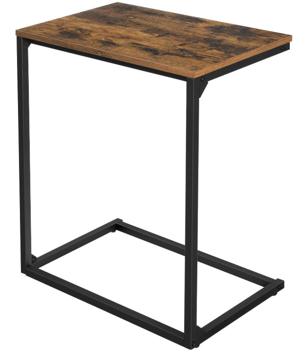 C Shape End Table, Side Table for Sofa, Rustic Brown & Black, 13.8″x21.7″x26″