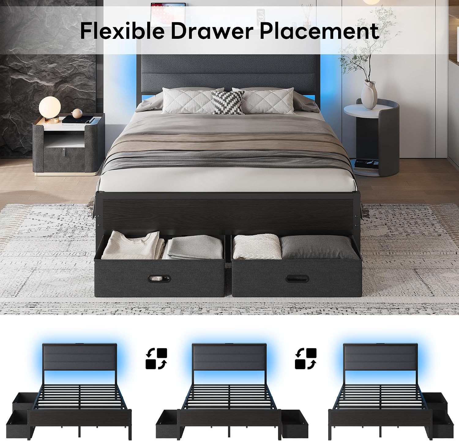 Full Size Bed Frame with 2 Storage Drawers Upholstered Headboard | Full