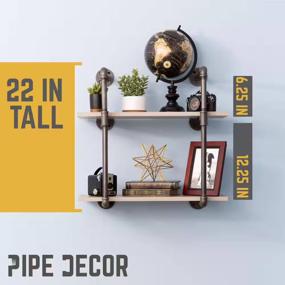 1/2 In. X 11.75 In. D X 22 In. H Black Steel Pipe Wall Mounted 2-Tier Shelf Kit