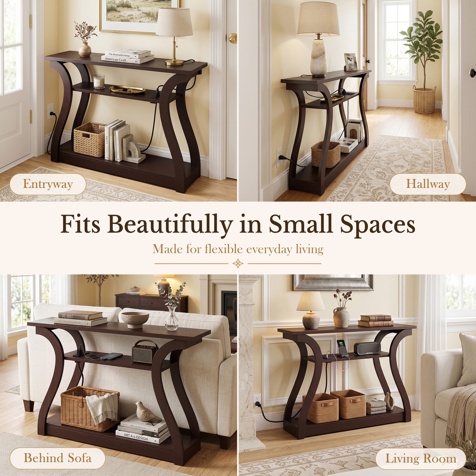 Console Table with Charging Station Entryway Sofa Side Table 3-Tier Wooden Brown