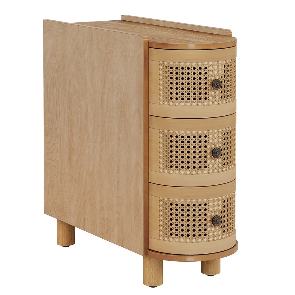 End Table Wood Bedside Table Side Table with 3 Spacious Rattan Drawers