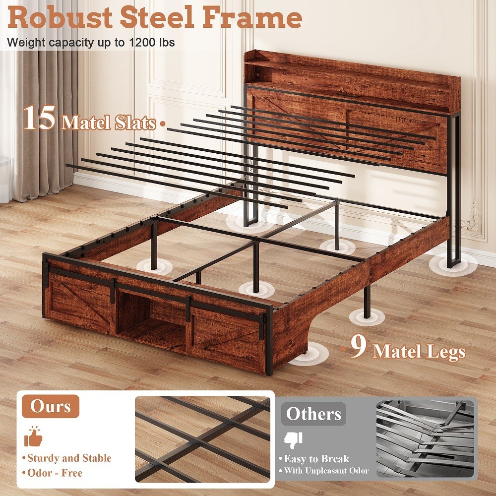 Full/Queen Size Bed Frame Wood Platform Bed w/Storage Headboard & LED Lights