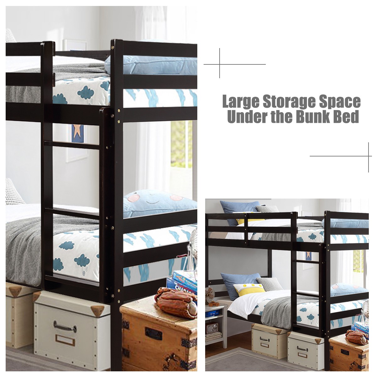Twin Over Twin Wood Bunk Beds W/Ladder & Safety Rail Pine Wood Bunk Bed Espresso