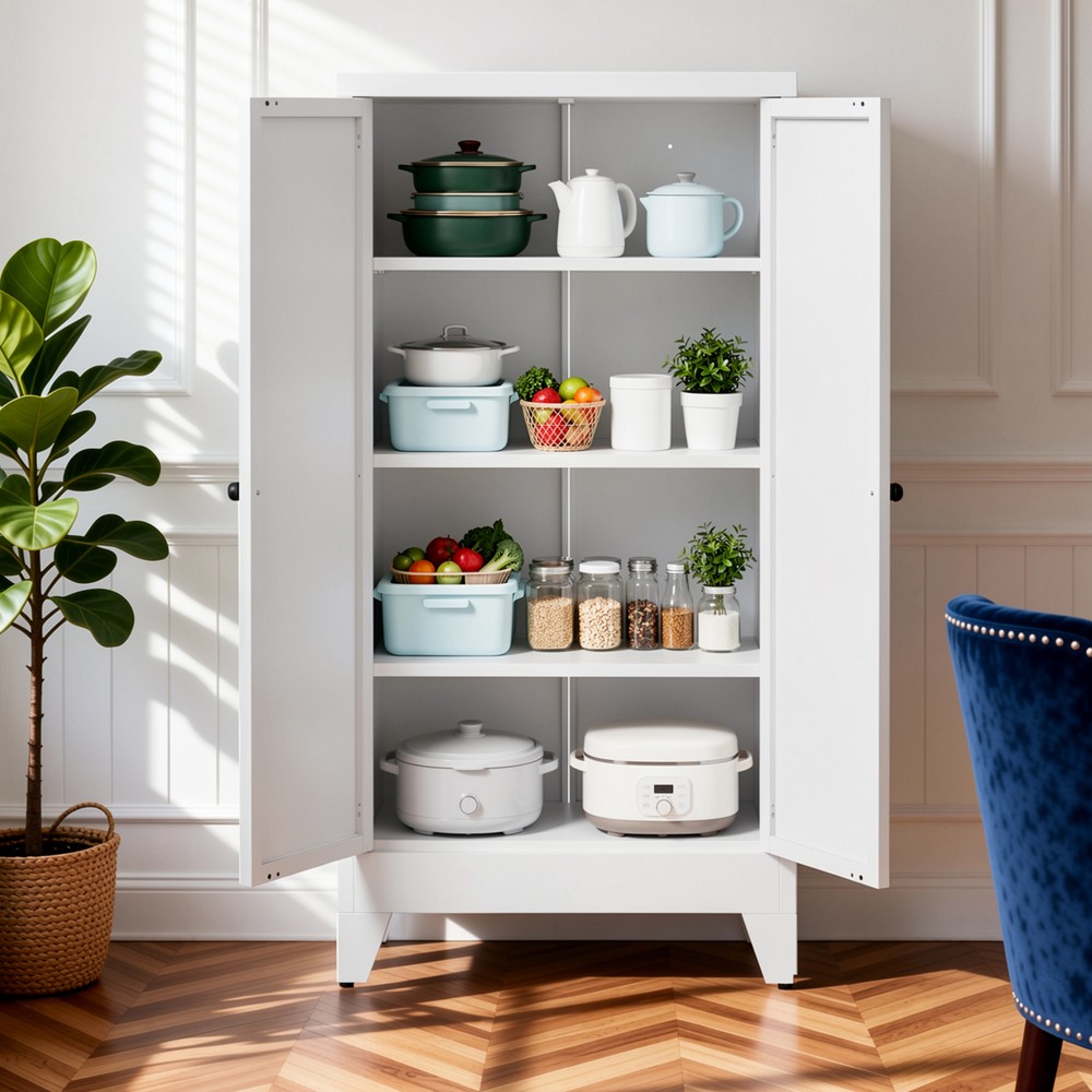 47.3″ White Metal Kitchen Pantry Cabinet Adjustable Storage with 3 Shelves 110LB