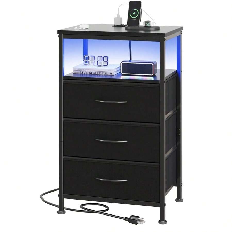 Black Nightstand with Charging Station LED Light Strip and Fabric Drawers