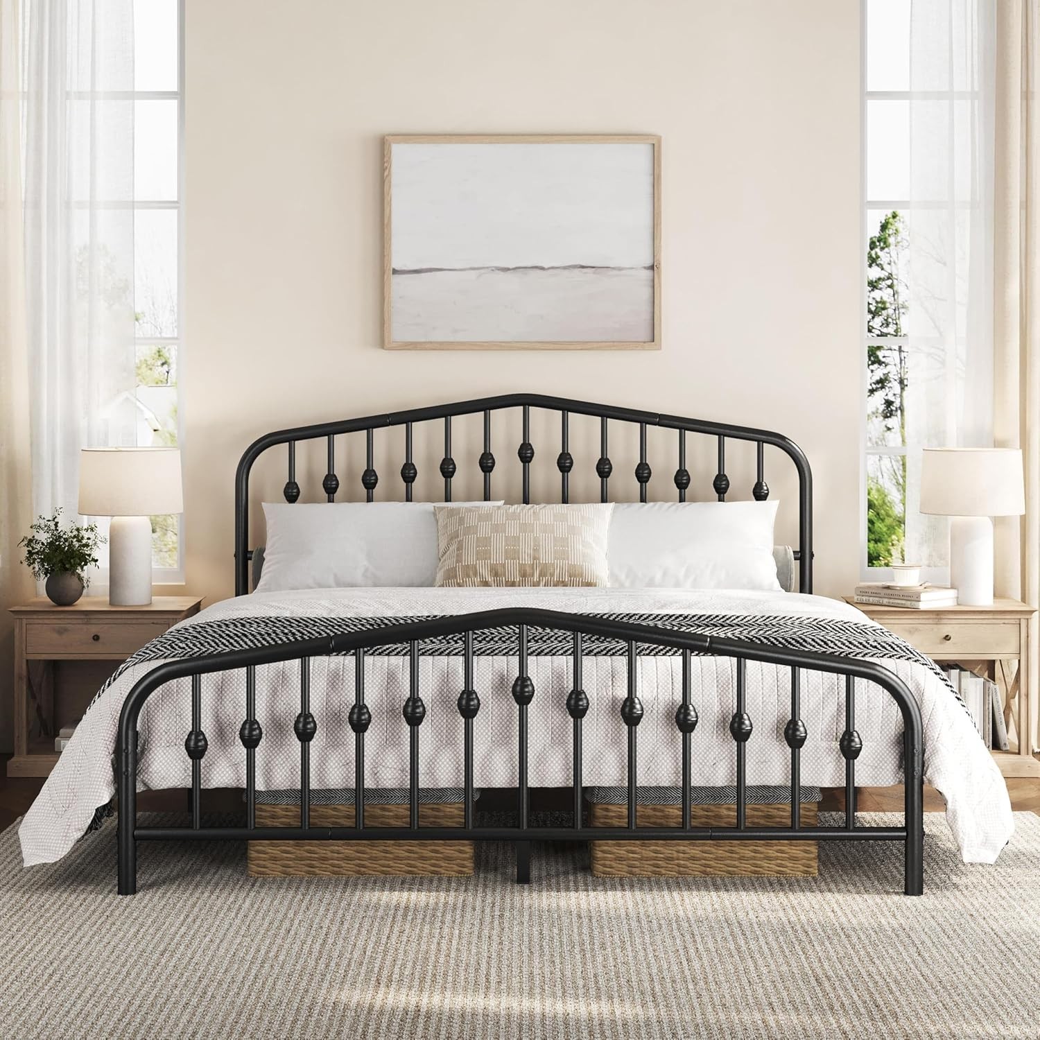 King Metal Bed Frame Victorian Headboard Platform Bed Black No Box Spring