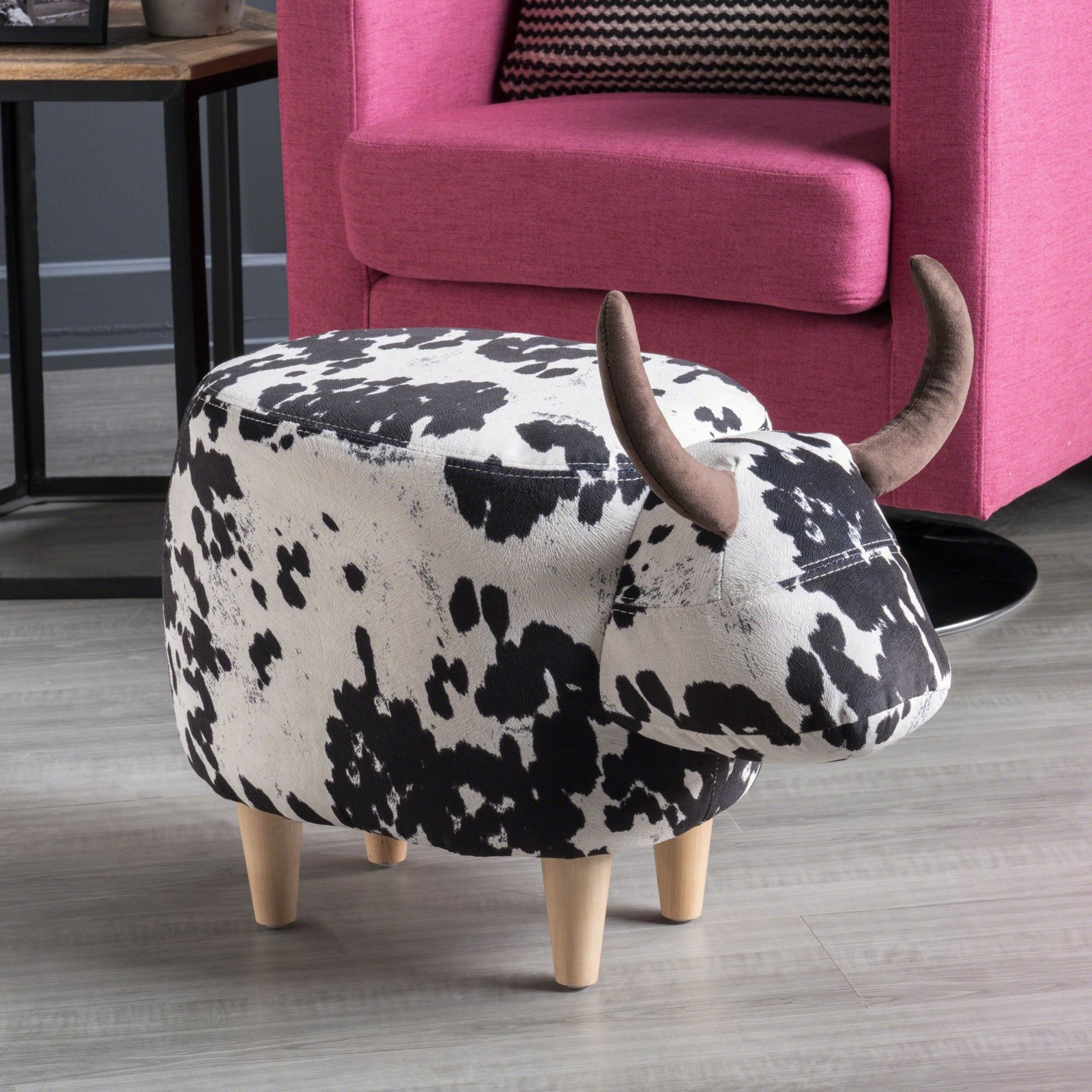 Cow Shaped Ottoman Cute Animal Footstool Wood Seat for Shoe Changing Entryway