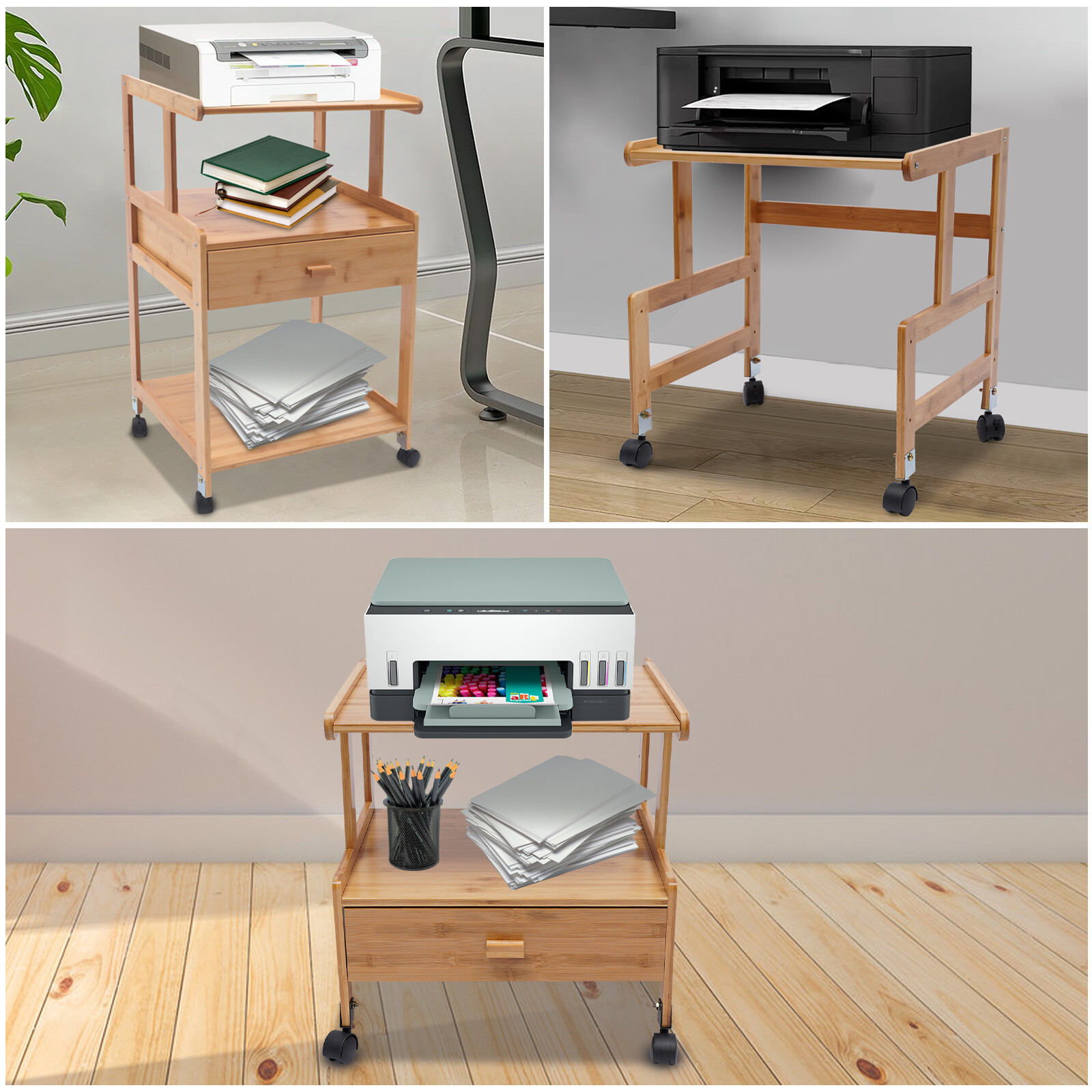 Mobile Printer Stand Holder Rolling Cart with Wheels for Home &Office 1/2/3 Tier