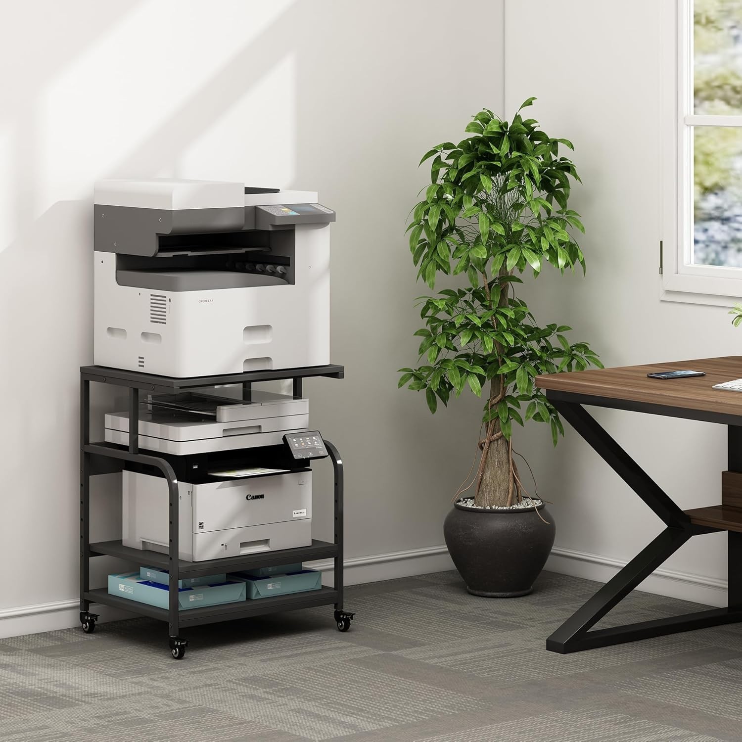 Compact Printer Stand with 100lb Capacity & Height Adjustable Shelf – Black