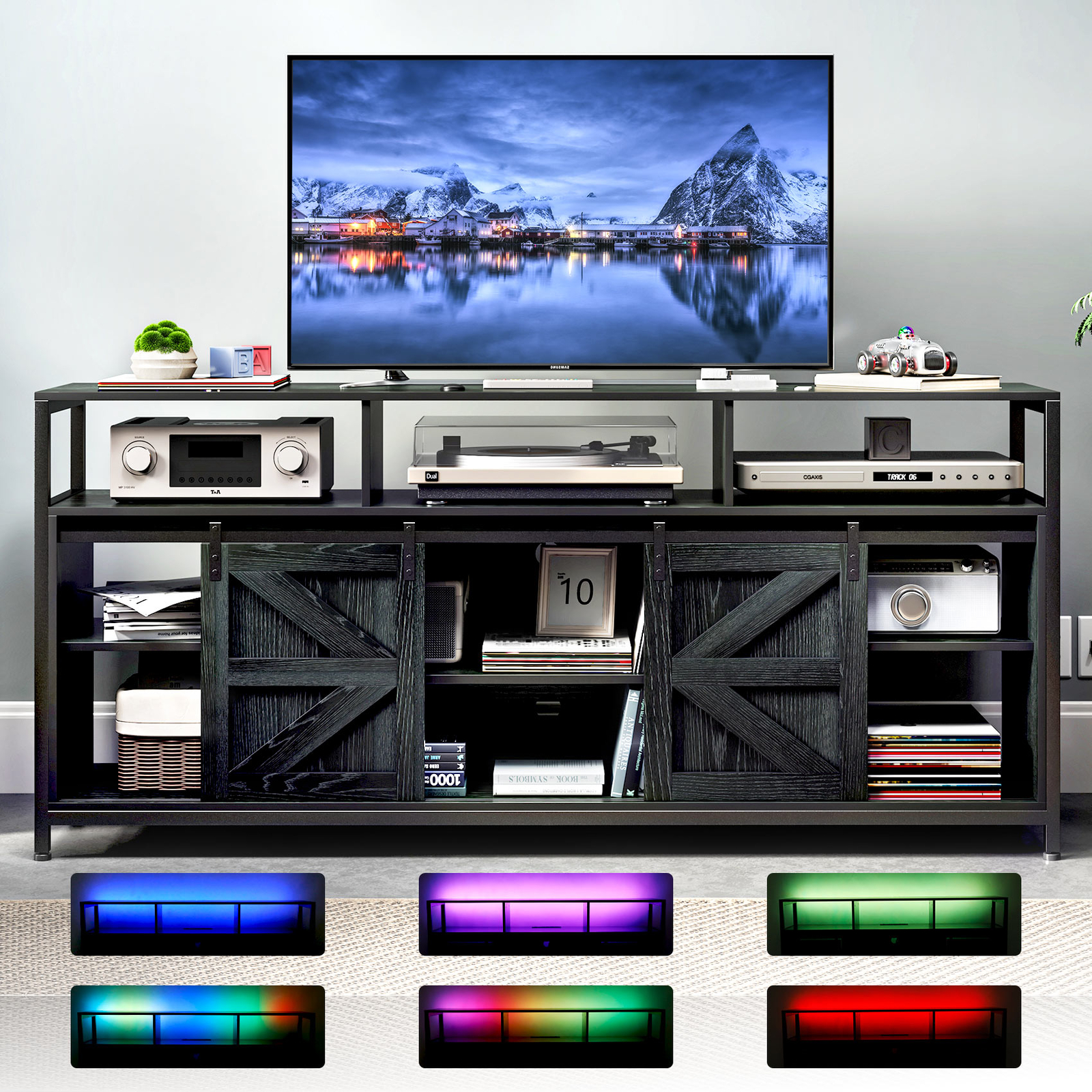TV Stand Wood with RGB LED & Power Ports 70″ TV Cabinet Entertainment Center