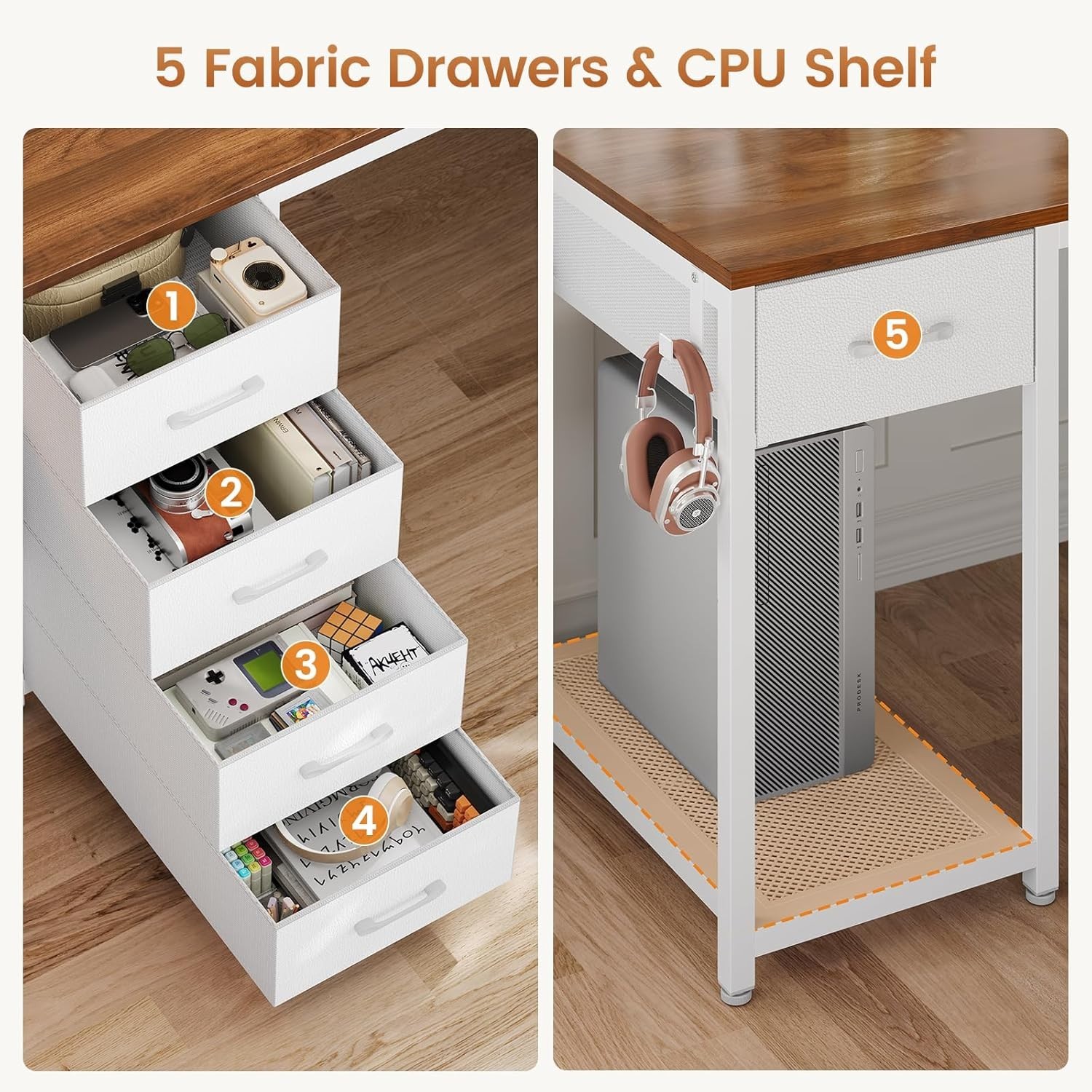 L Shaped Computer Desk with 5 Drawers Modern Reversible 78.7″ Long 2 Person Desk