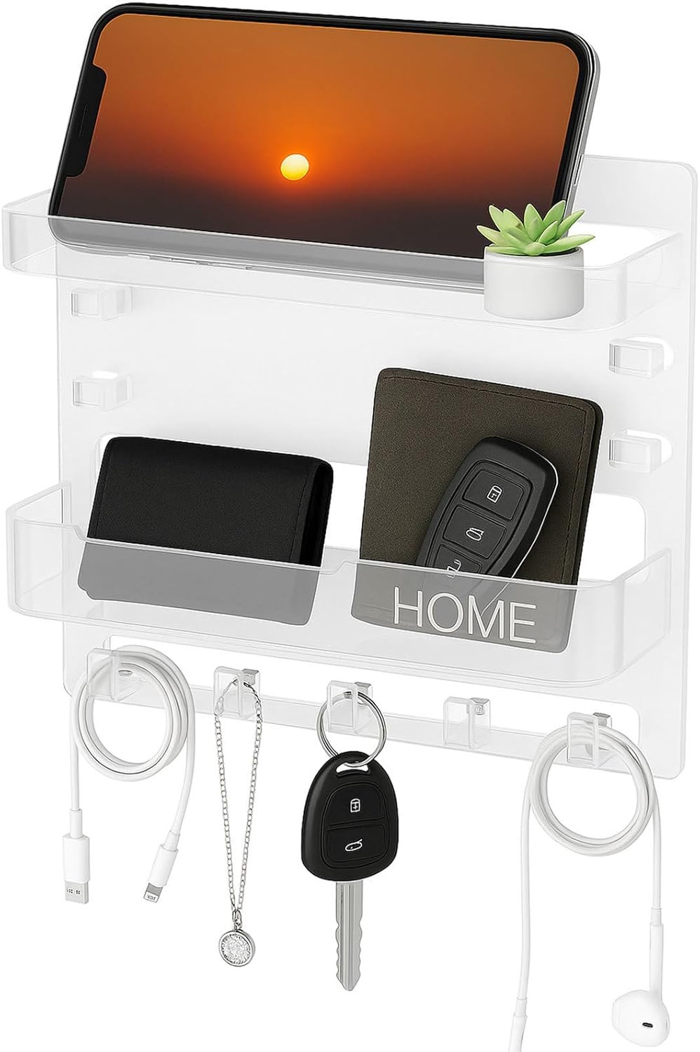 Bedside Wall Shelf Organizer with 5 Hooks & Cable Clips, Plastic Adhesive Wall M