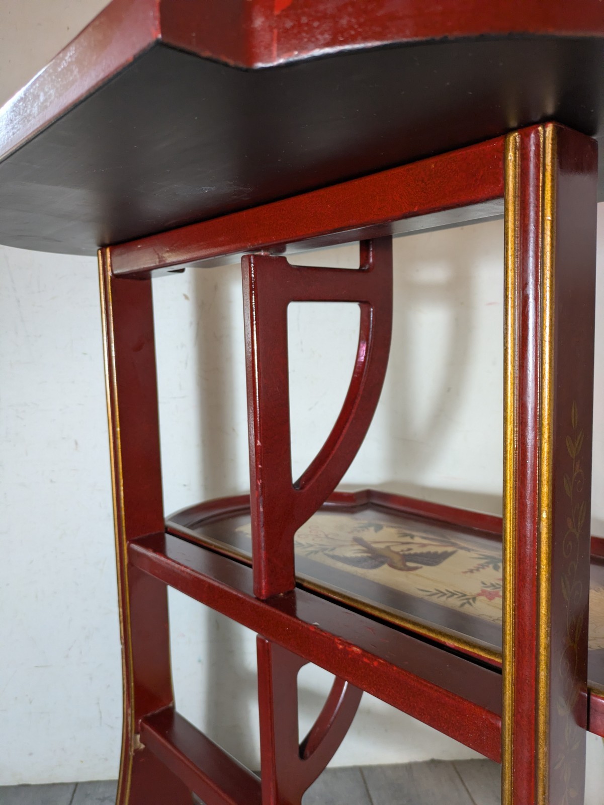 Vintage Asian Chinoiserie Folding Butler Tray Table Hand Painted Birds Red/Gold