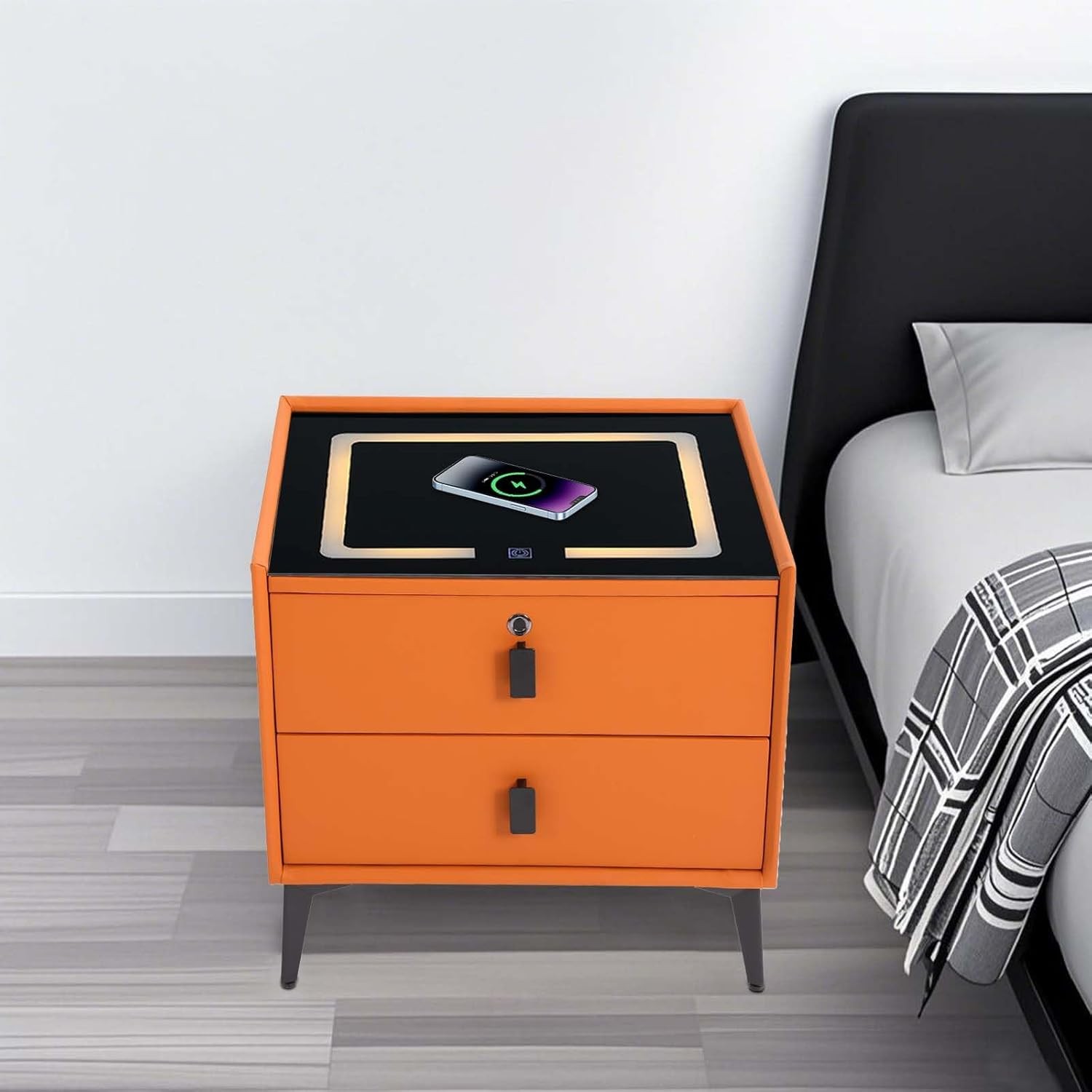 Orange Smart Wooden Nightstands W/ Fingerprint Lock Drawer USB Port and Speaker