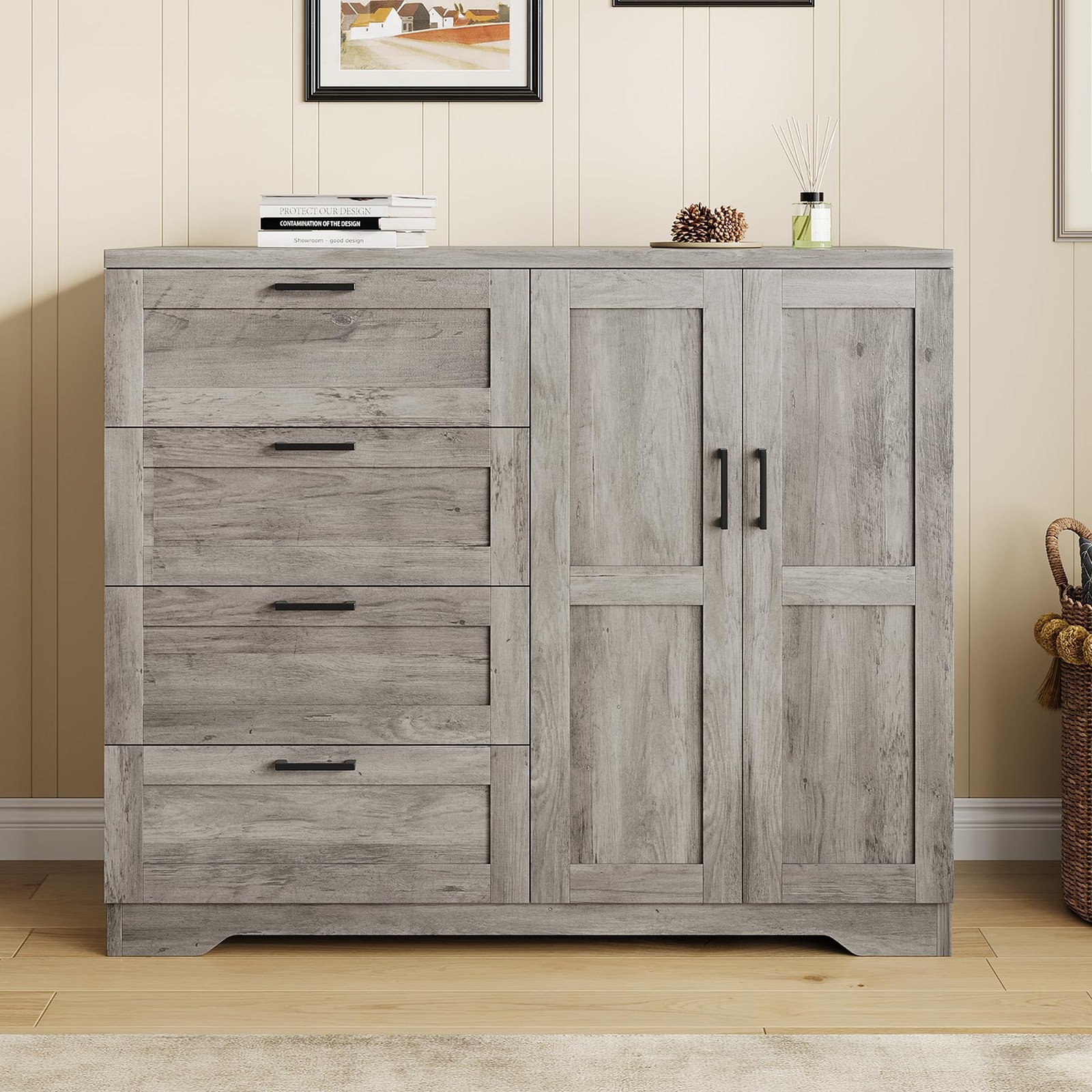 Wooden Storage Cabinet Freestanding Wardrobe with 4 Drawers and Double Doors