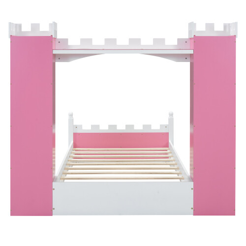 Castle-Shaped Platform Bed with Storage Shelves Both Side Wooden Bed Frames Twin