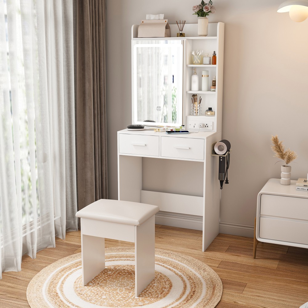 Space-Saving Vanity Table LED Mirror Built-in Power Outlet with Cushioned Stool
