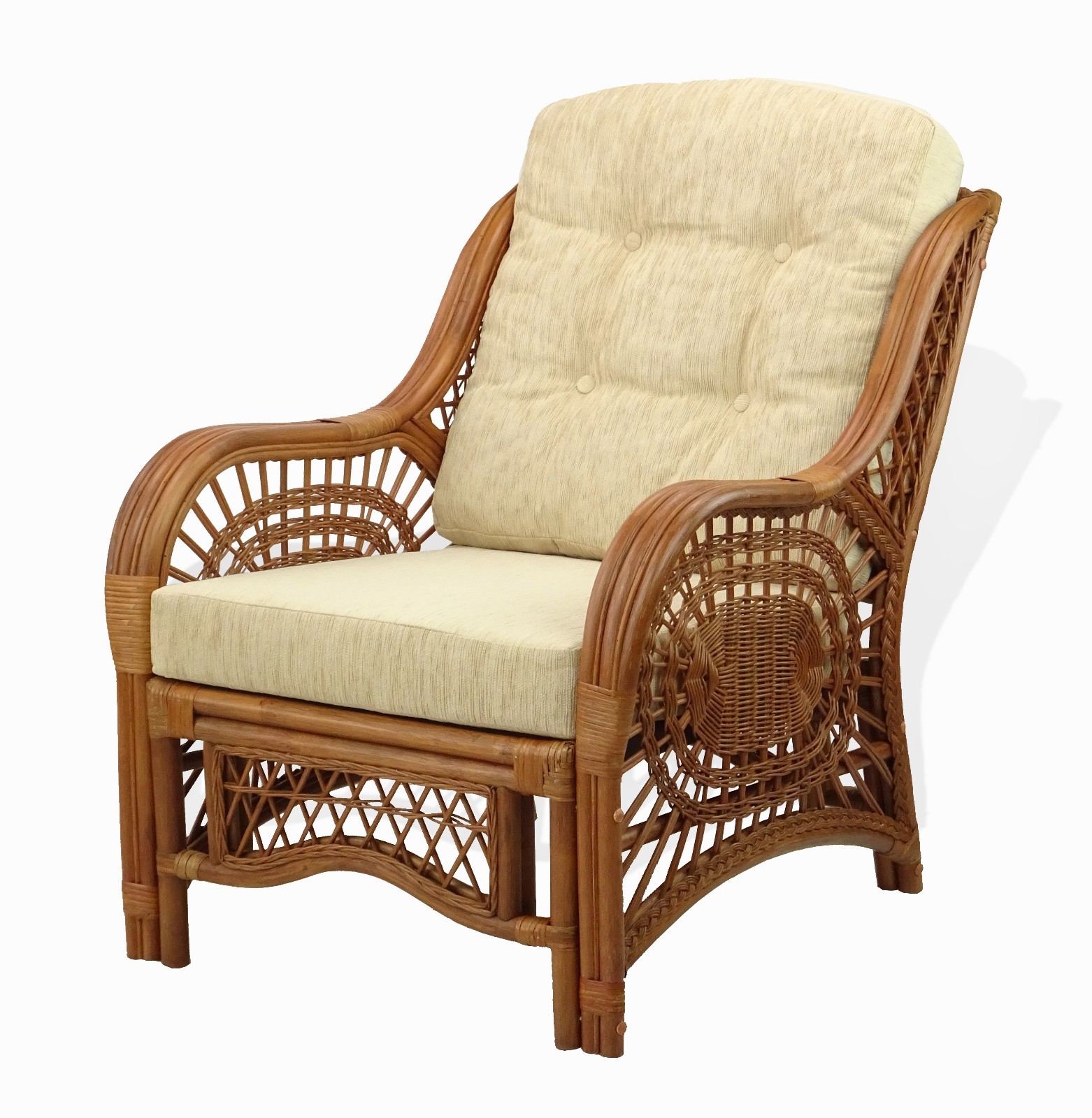 Lounge Armchair Malibu Handmade Rattan Wicker w/ Cream Cushions, Cognac