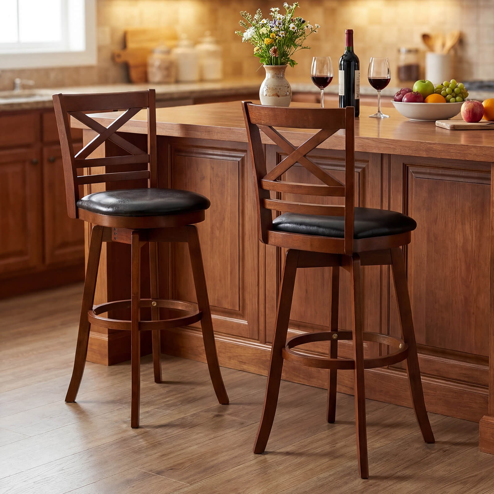 30.5” Swivel Barstools Set of 2 w/Backrest Faux Leather Upholstered Seat for Pub