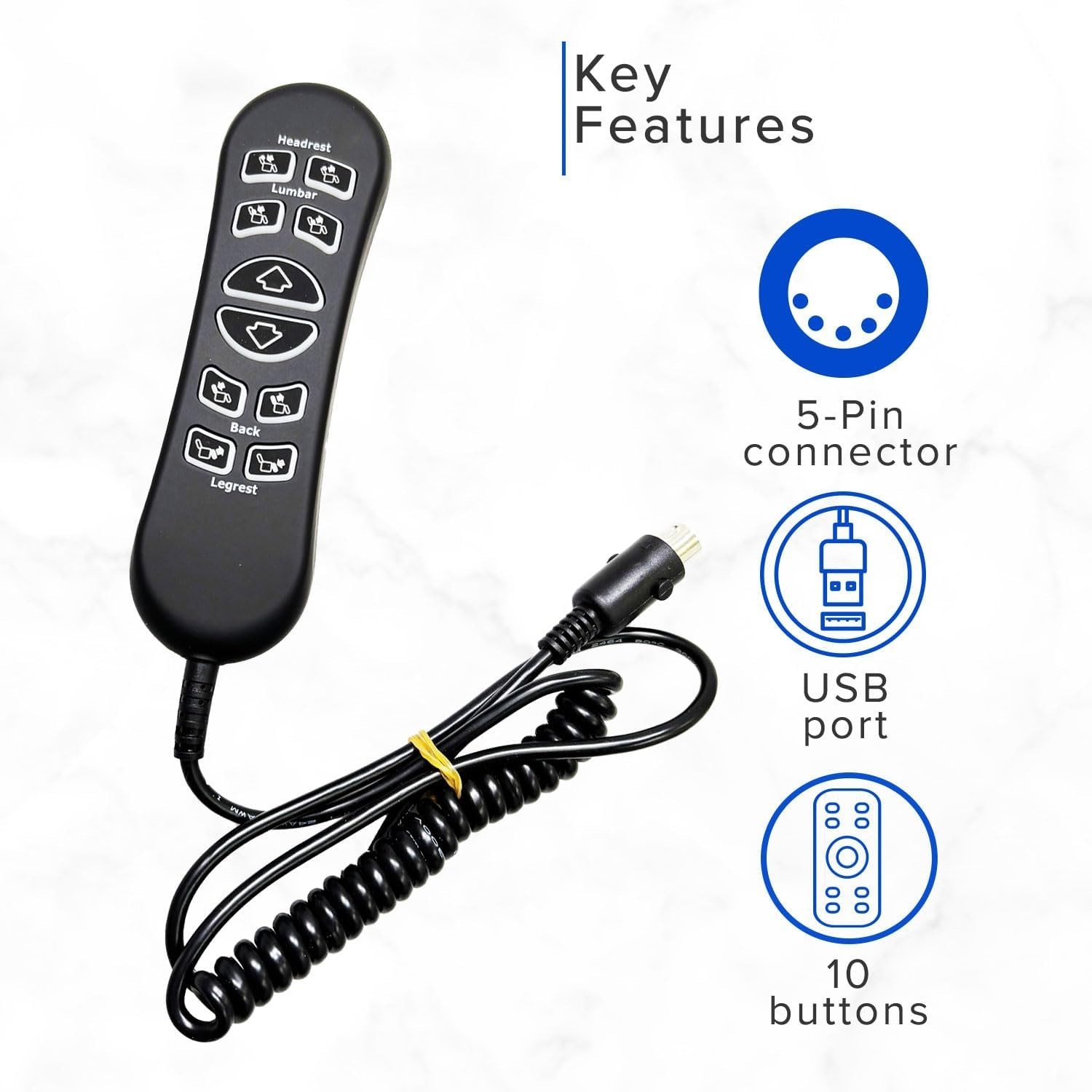 10-Button 5-Pin Replacement Remote Hand Control for Mega Motion Power Recliner w