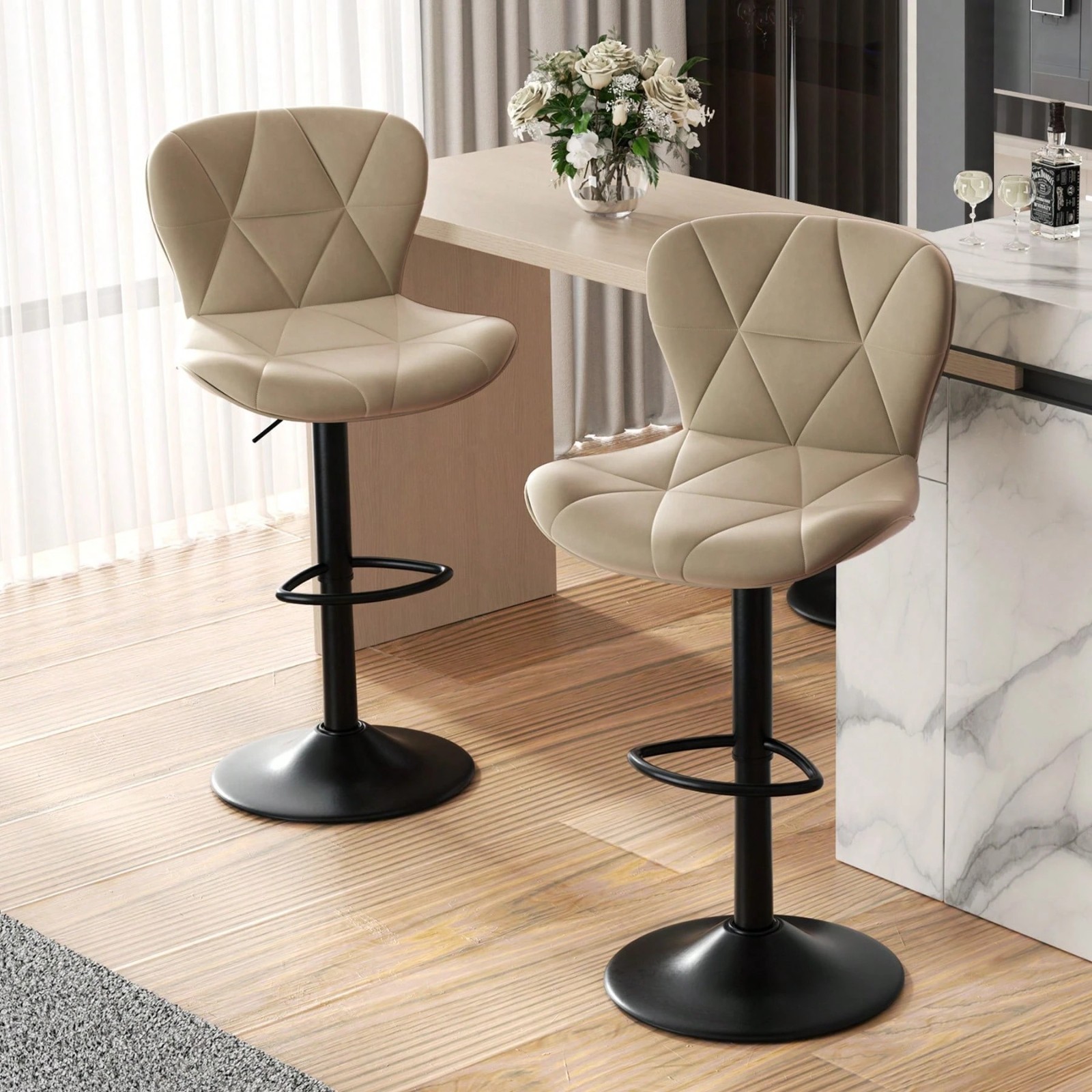 2PCS Bar Stools Modern Upholstered Swivel Adjustable Counter Height Light Beige