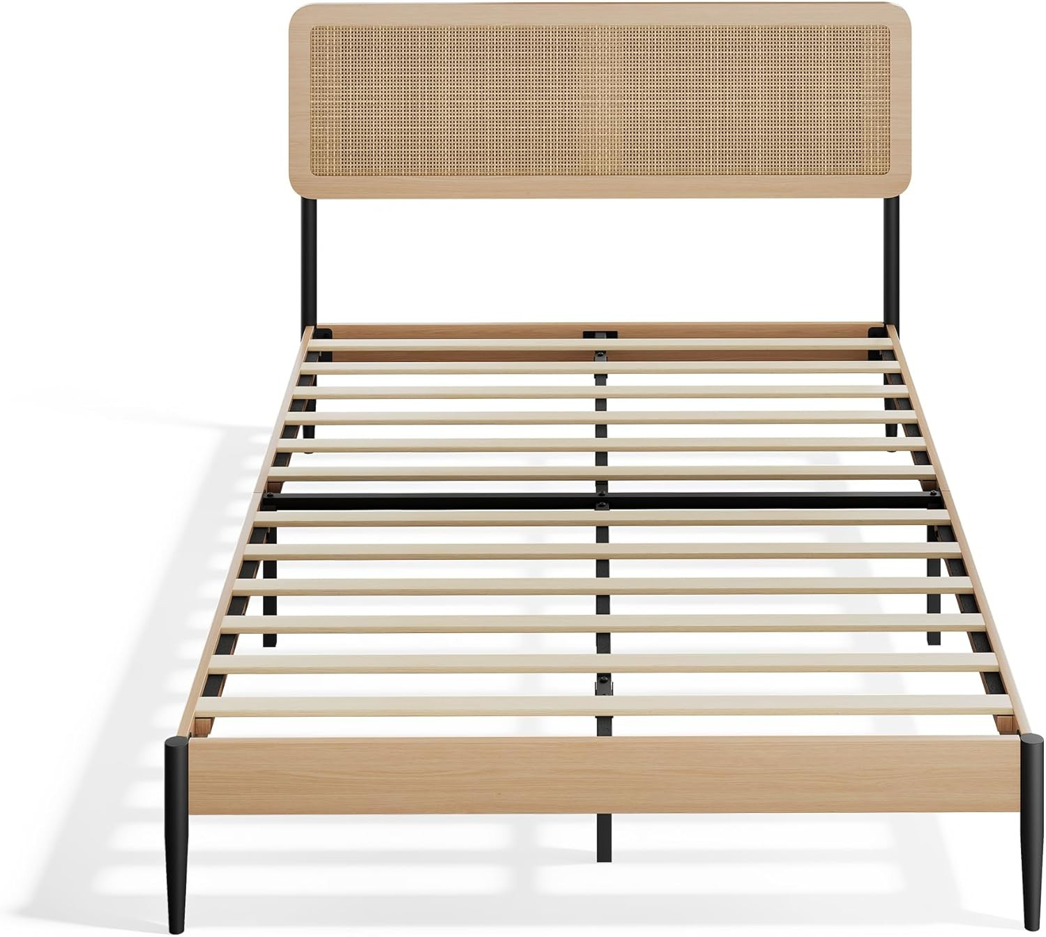 Rattan Full Bed Frame with Headboard, Boho Full Platform Beds, Natural Woven Rat