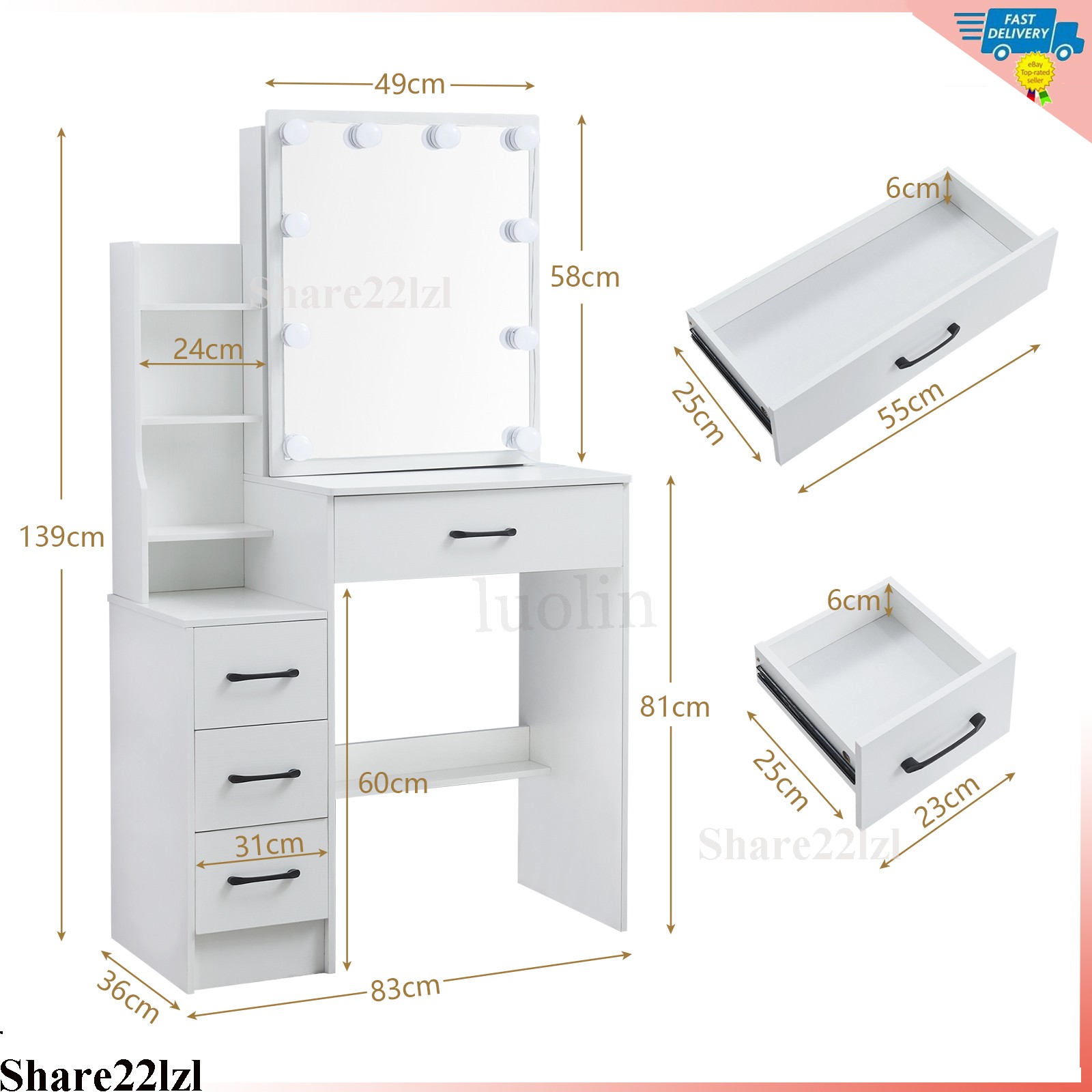 White Sliding Lighted Mirror Vanity Set w/4 Drawers Dressing Table Makeup Stool