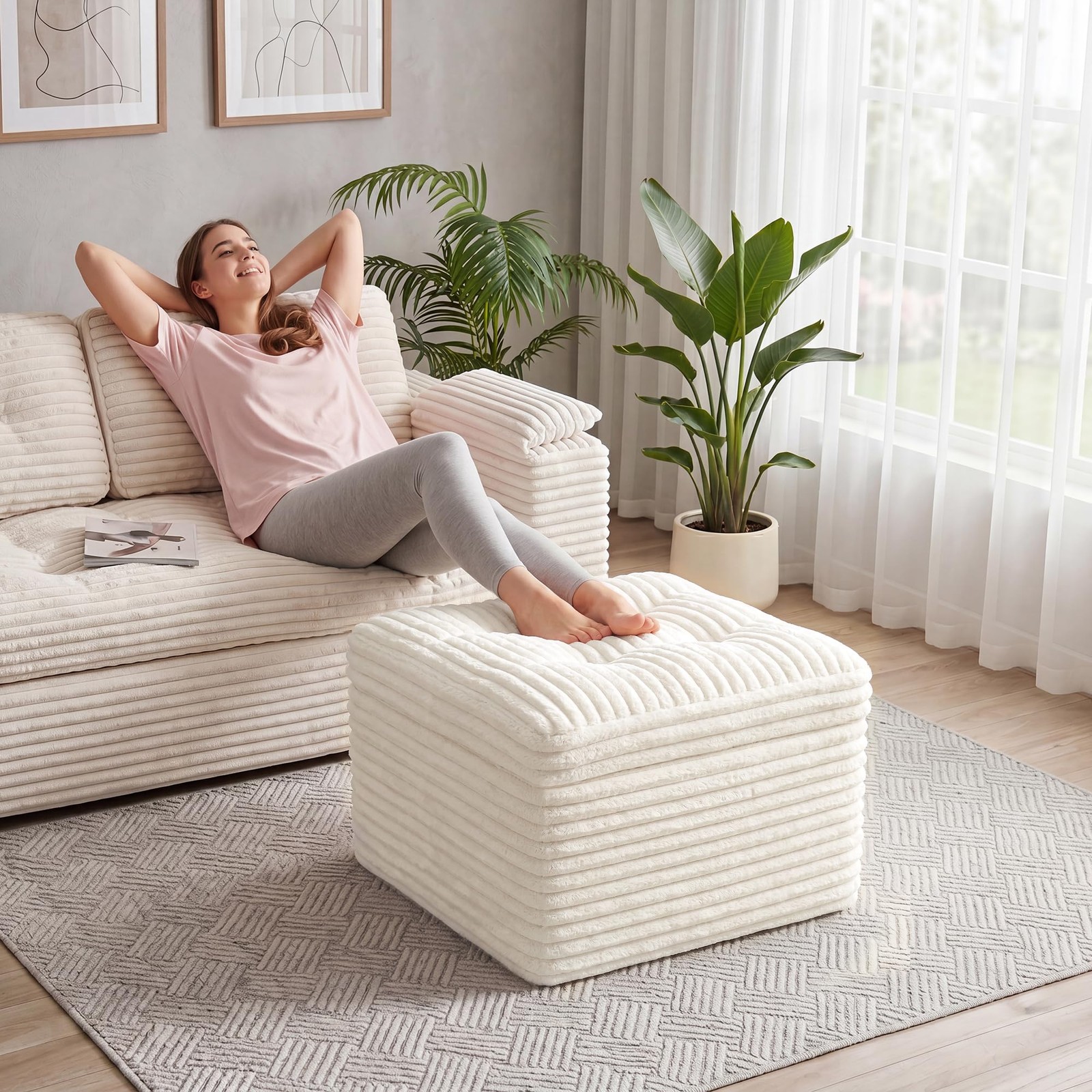 Fabulcozy 23.6in Pouf Ottoman, Corduroy 23.6″D x 23.6″W x 16.5″H, Beige