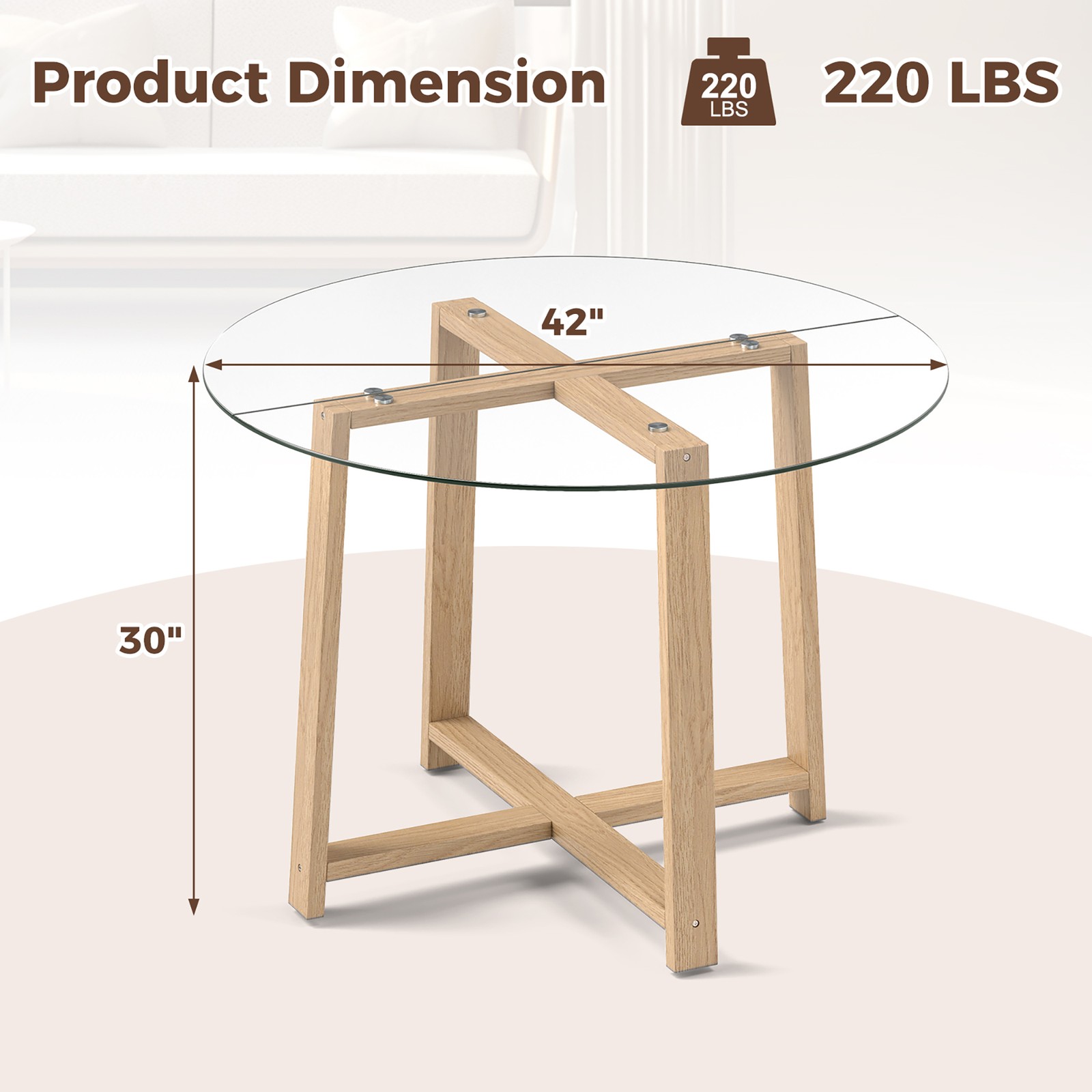 42″ Round Glass Dining Table w/ 0.3″ Tempered Glass Tabletop