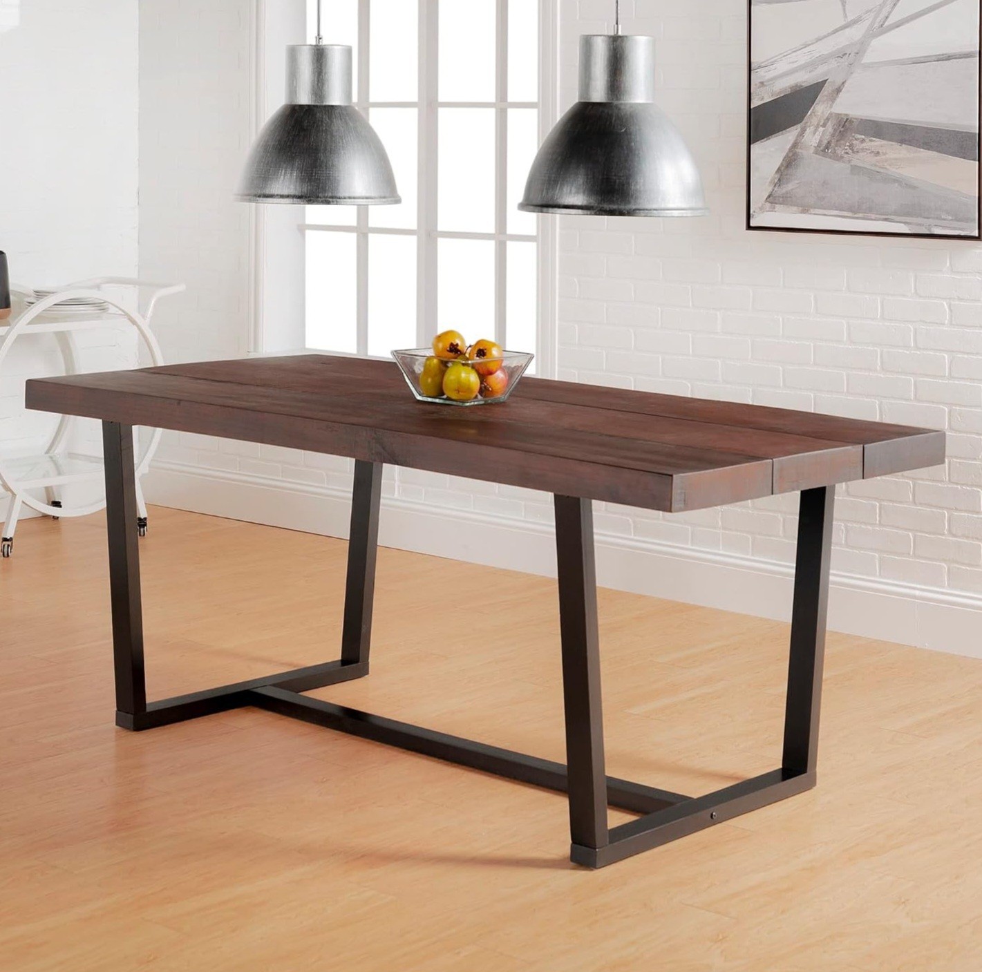Rectangular Dining Table Dark Wood Top Black Metal Frame Mahogany Brown 72″