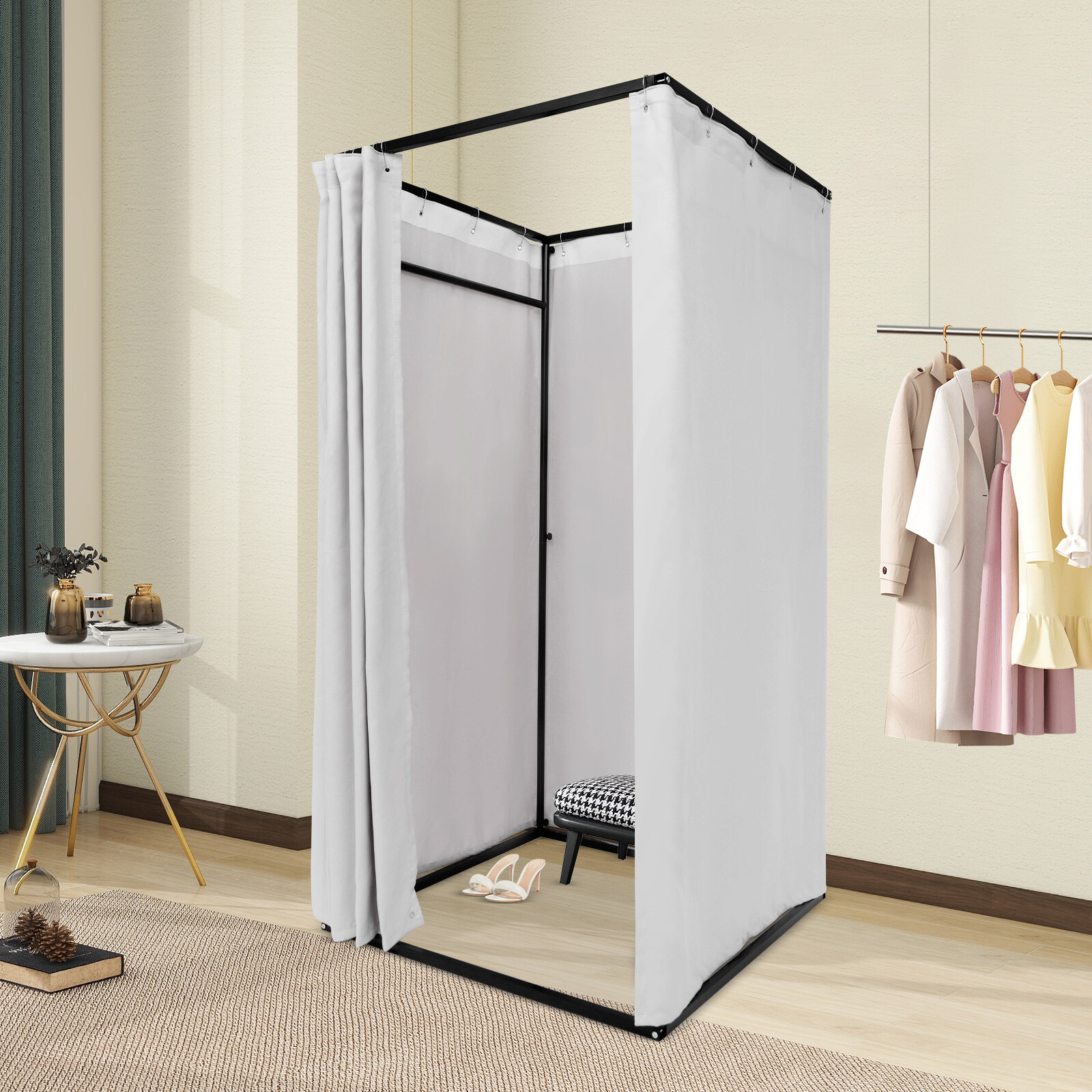 Portable Freestanding Fitting Room Booth Grey Iron Linen 100 × 100 × 200 cm