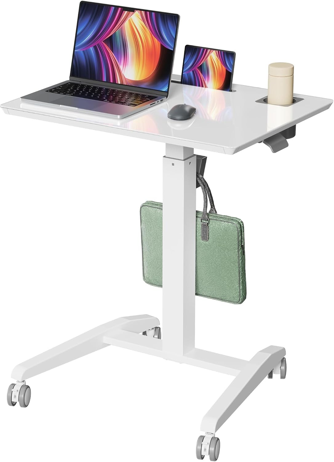 Glass Mobile Standing Desk, Height Adjustable Rolling Laptop Table, 27 inches