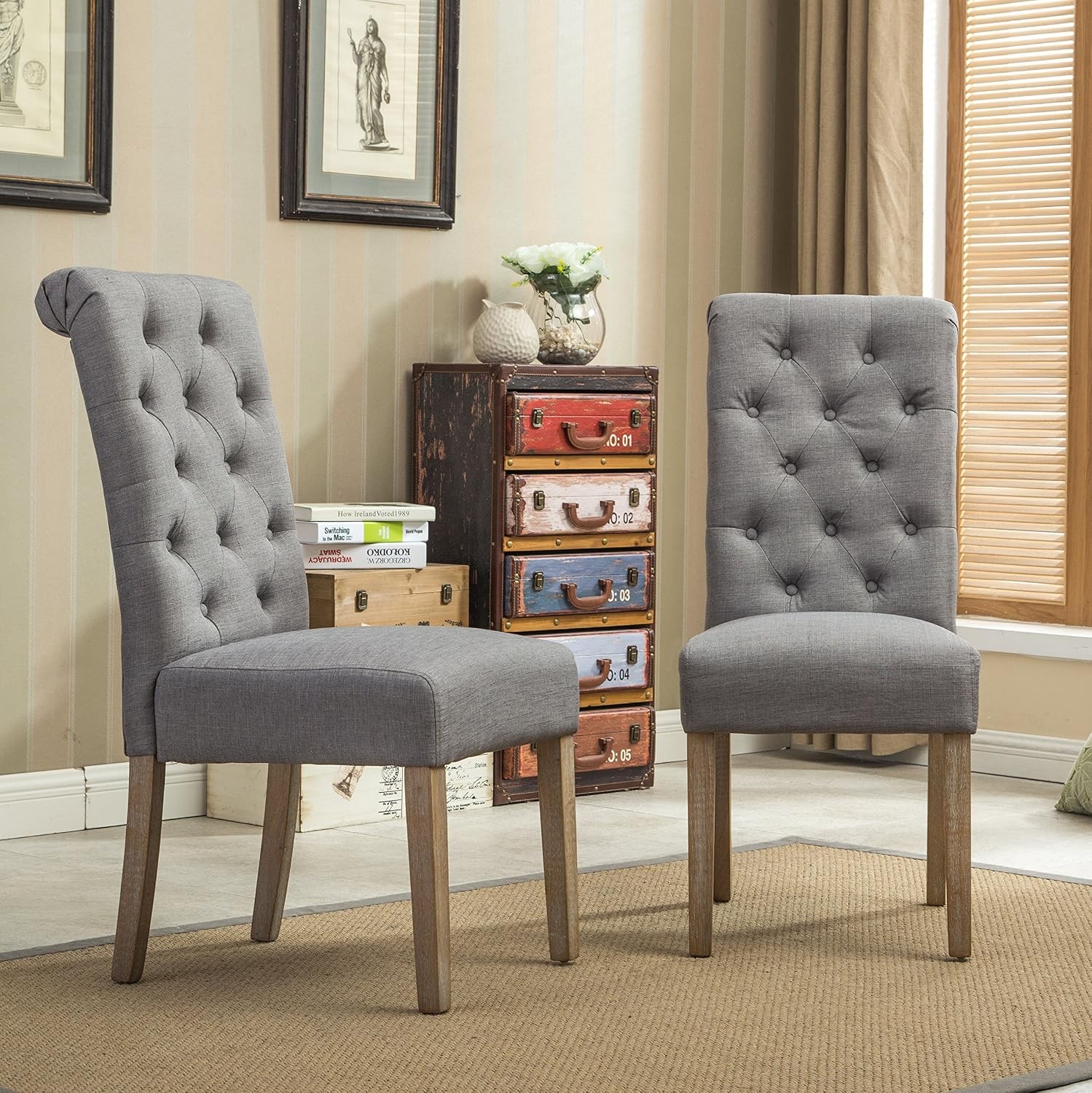 Habit Grey Solid Wood Tufted Parsons Dining Chair (Set of 2), Gray