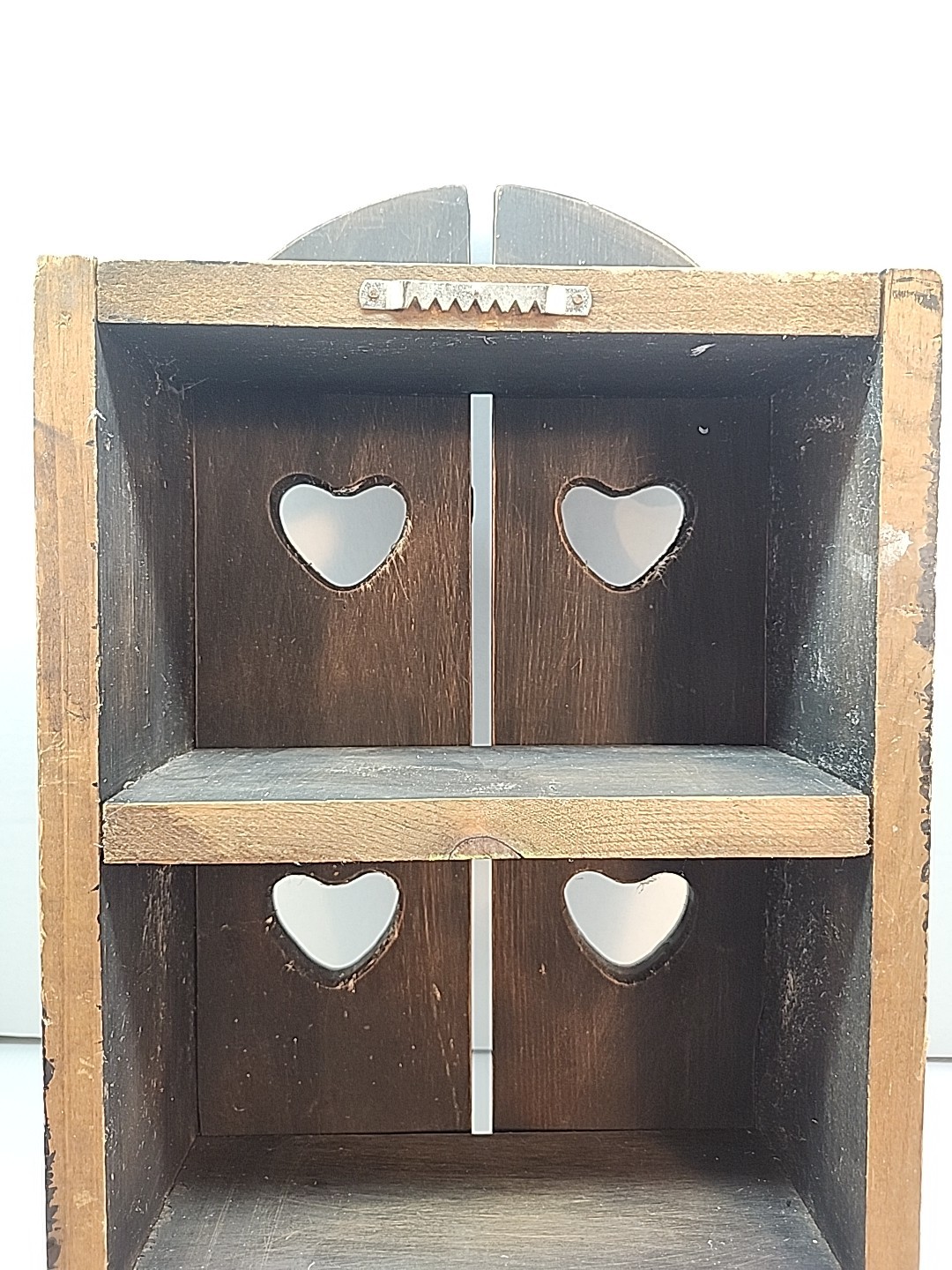Vintage 19″ Wooden Heart Cutout Shelf Doors Cubbies Country Cottage -Black Paint