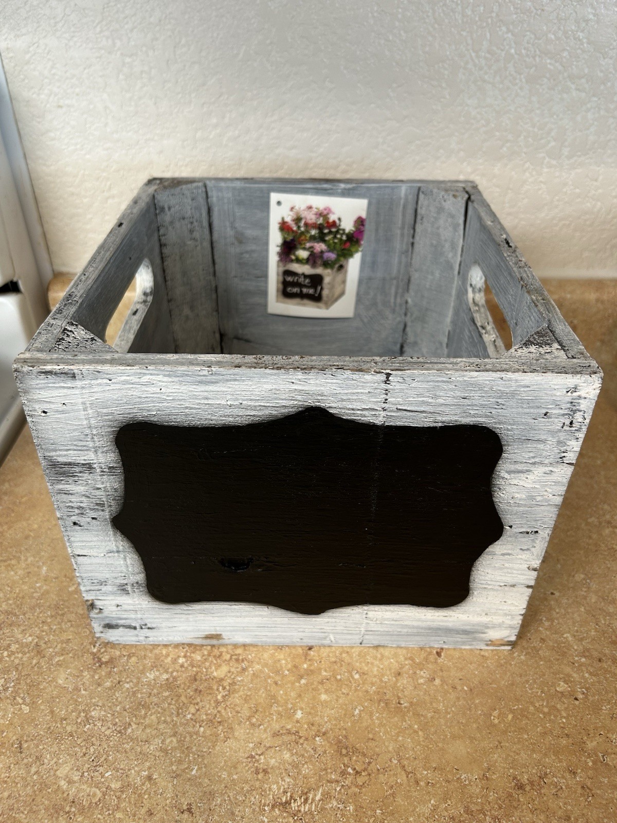 White-washed Wooden Storage Crate Chalkboard Label Planter Box 10 x 11 x 8”