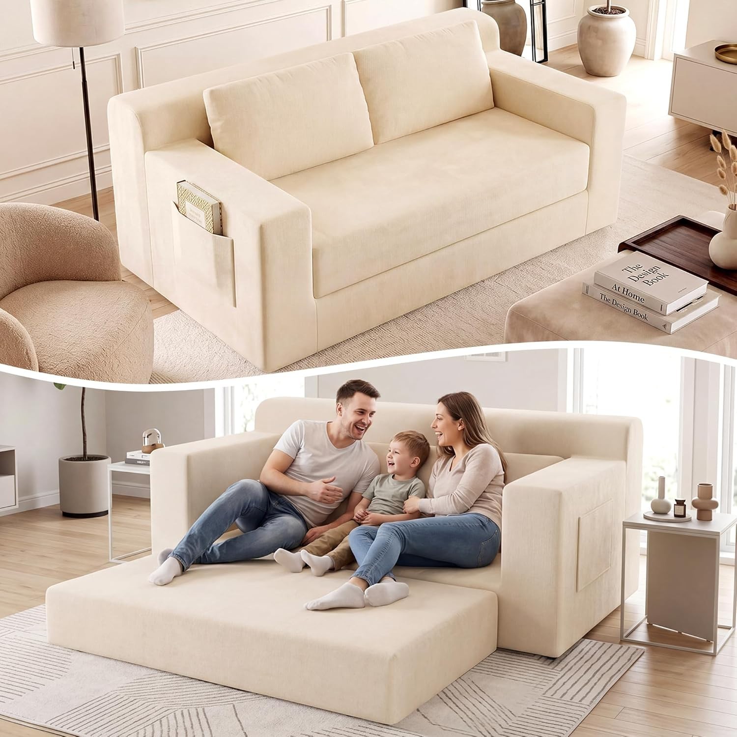Sofa Couch 71Inches Convertible Folding 3Seater Chenille Storage Pillows Beige
