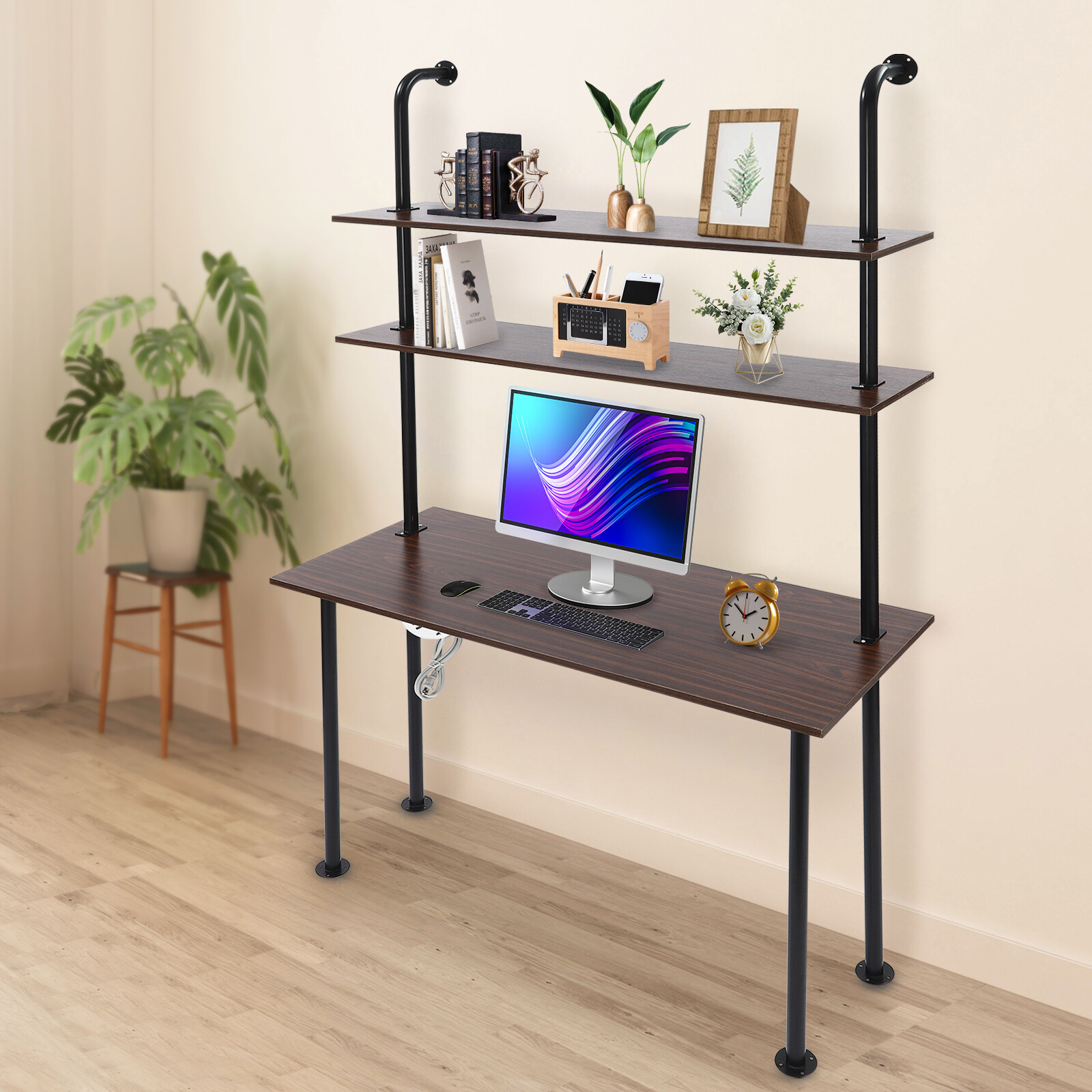 Wall Mounted Table Standing Desk Computer Laptop Desk W/Power Strip Modern Black