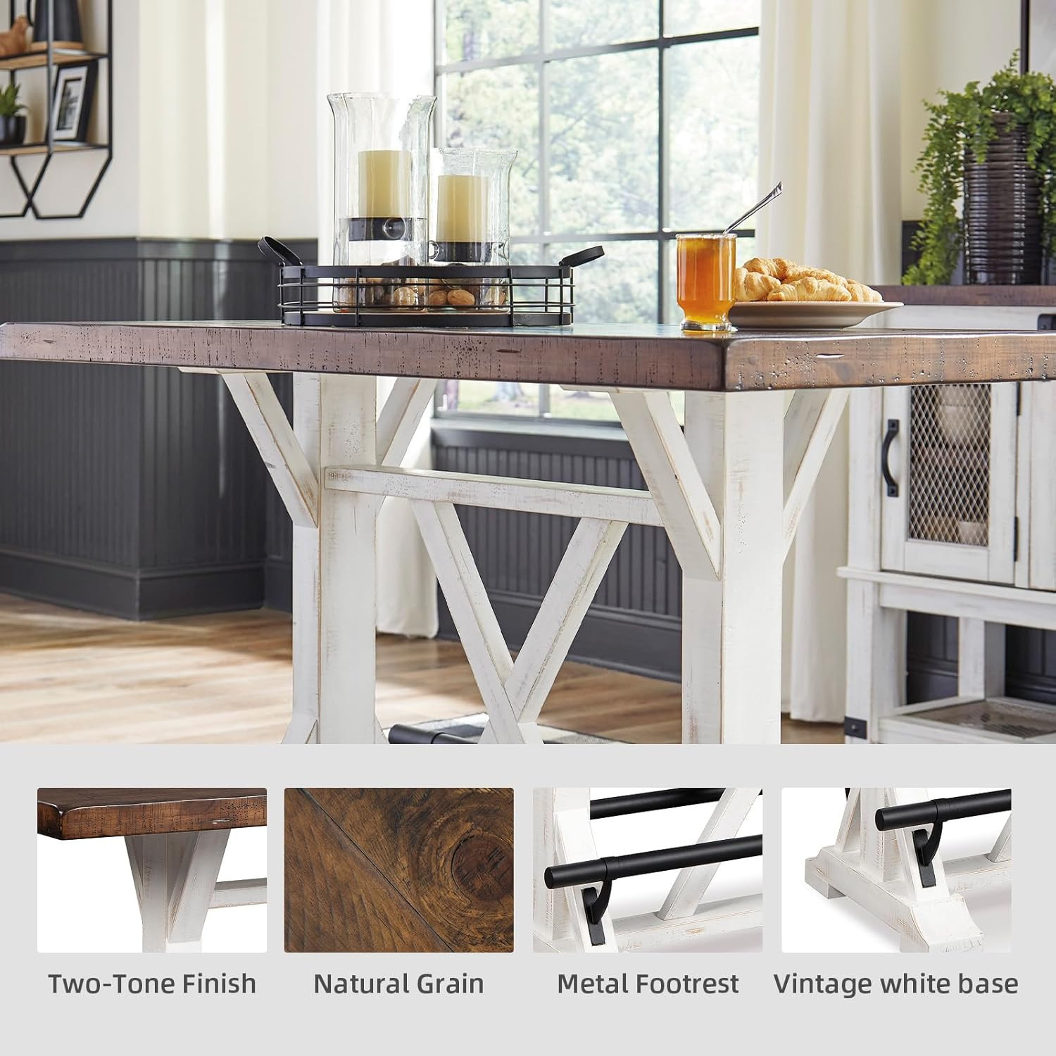 Rustic White Counter Height Dining Table for 4 with Black Metal Footrest