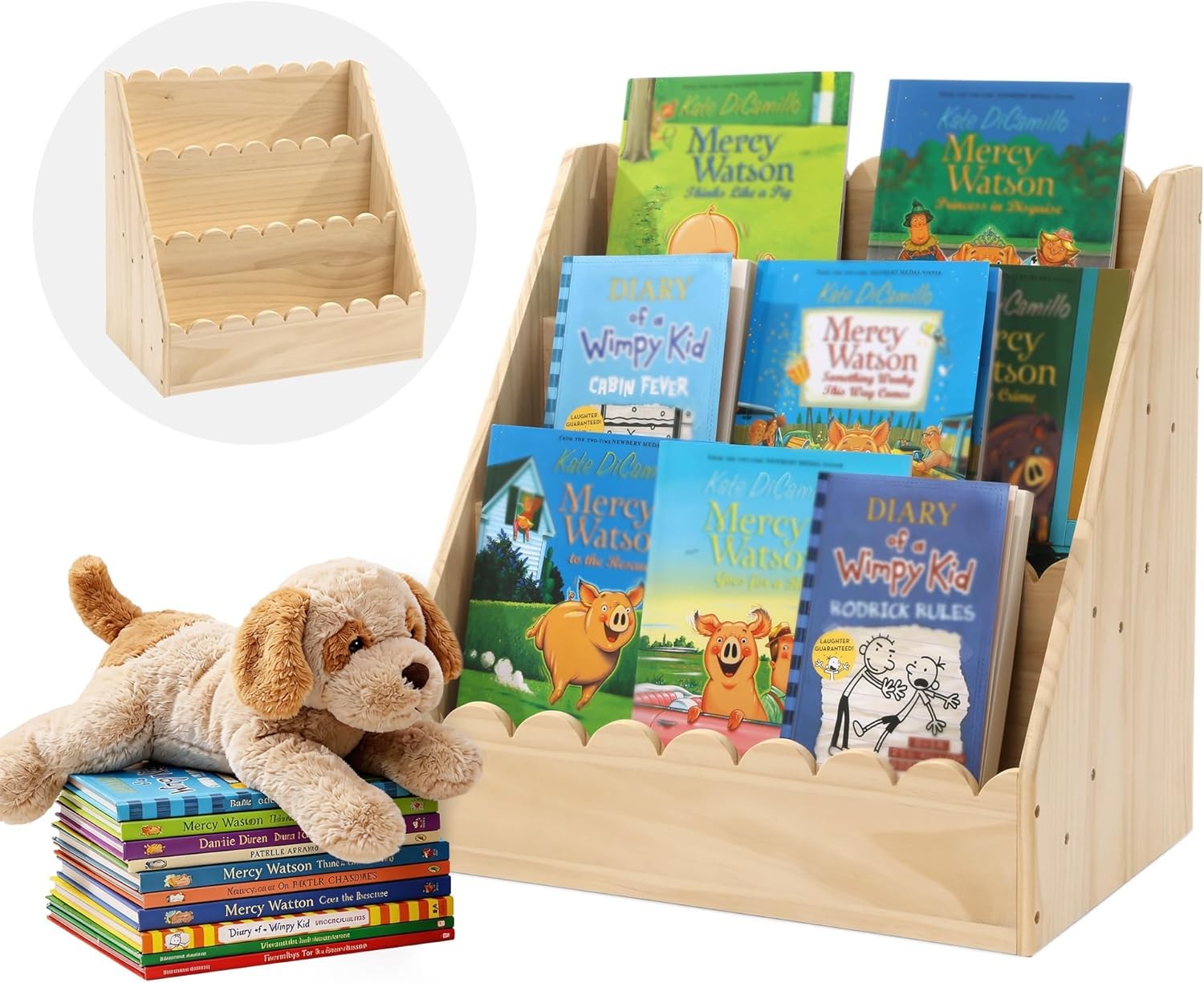 Scalloped Book Shelf Kids 3-Tier Wooden Bookshelf Perfect Height 1-5 Years