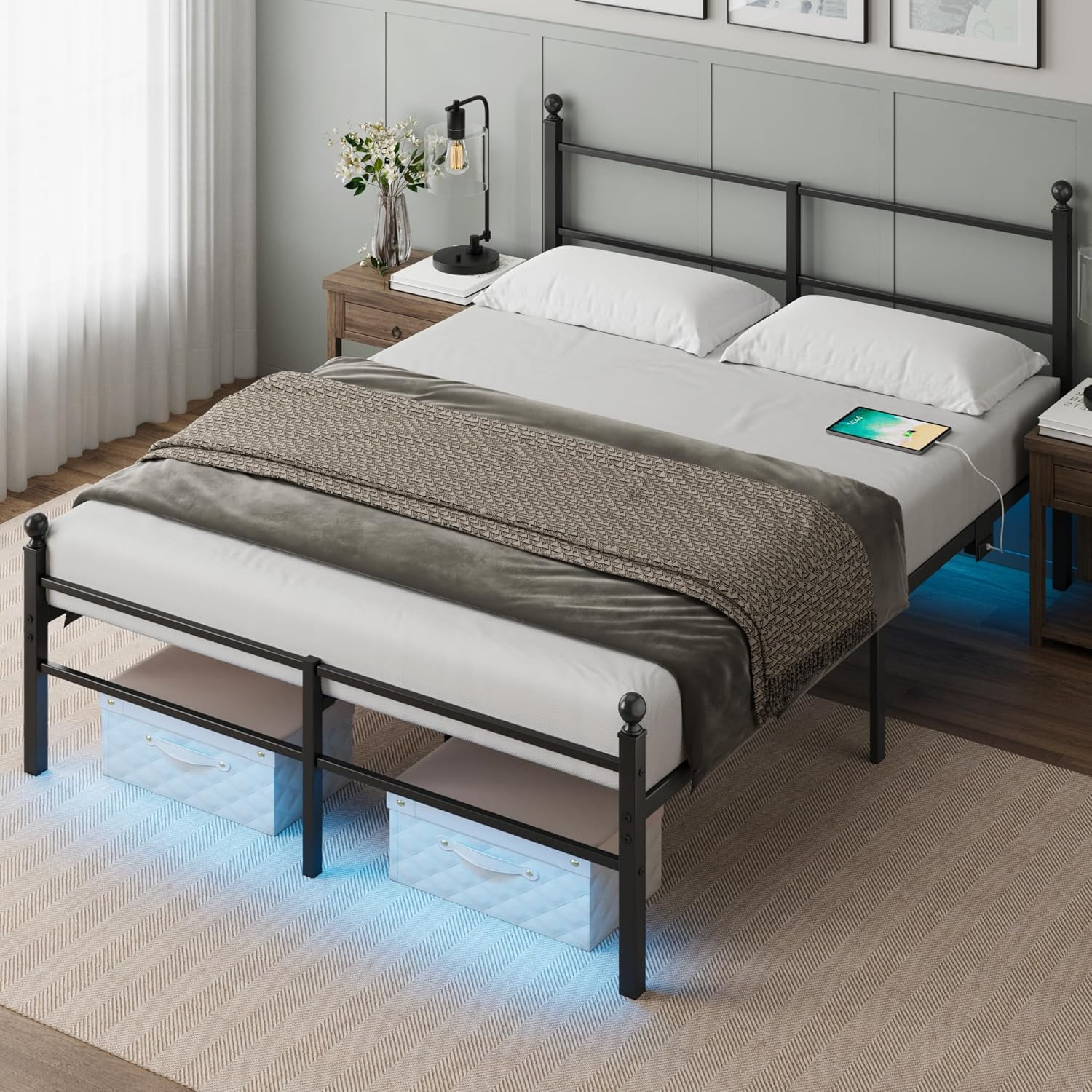 Queen Size Bed Frame with Headboard – Metal Platform Bed with LED Lights, Chargi