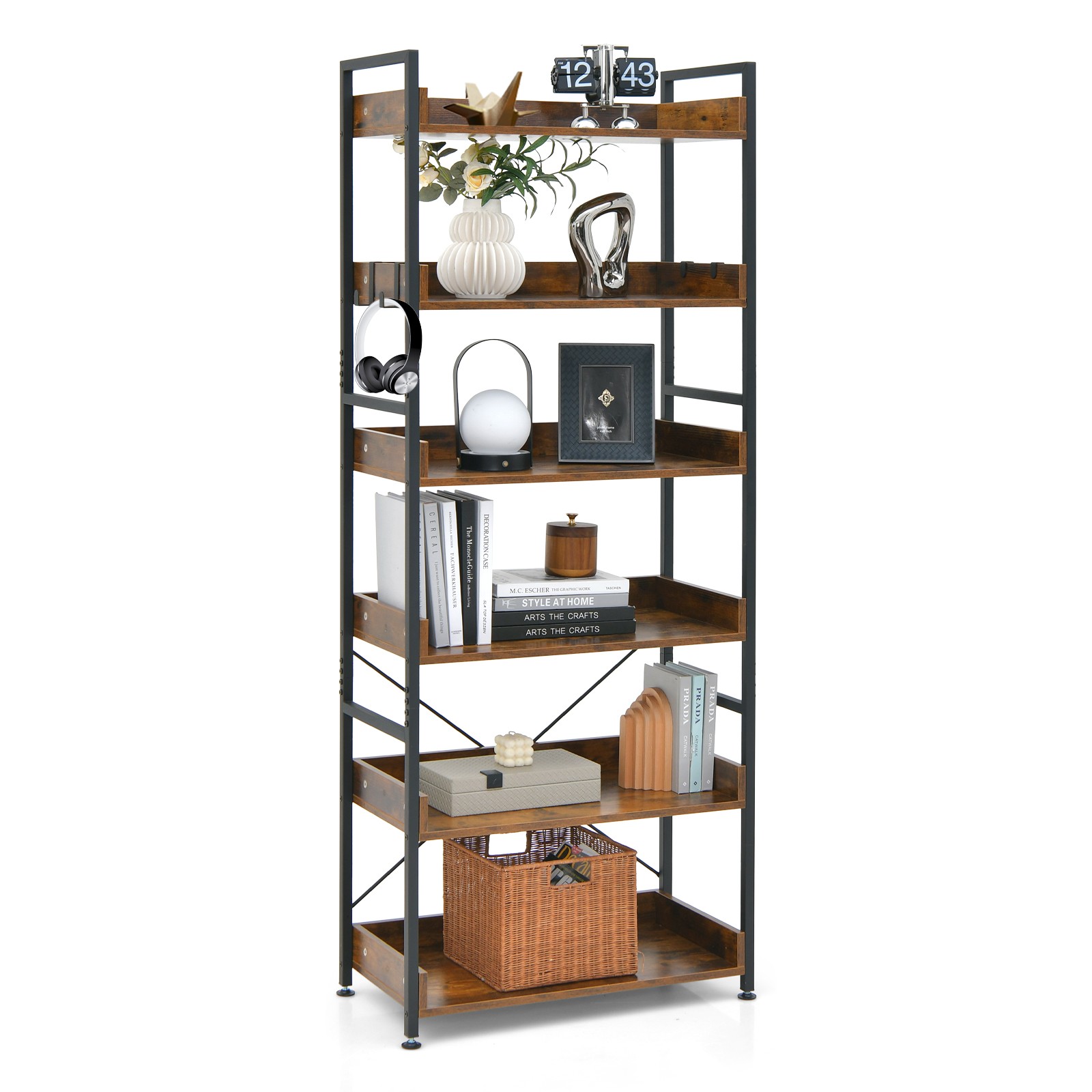6-Tier Bookshelf Open Display Shelves Storage Rack Metal Frame w/ 4 Hooks Rustic