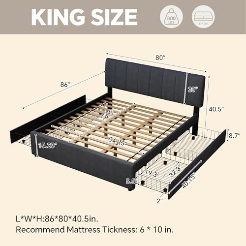 King Size Upholstered Platform Bed with 4 King (U.S. Standard) Dark Gray