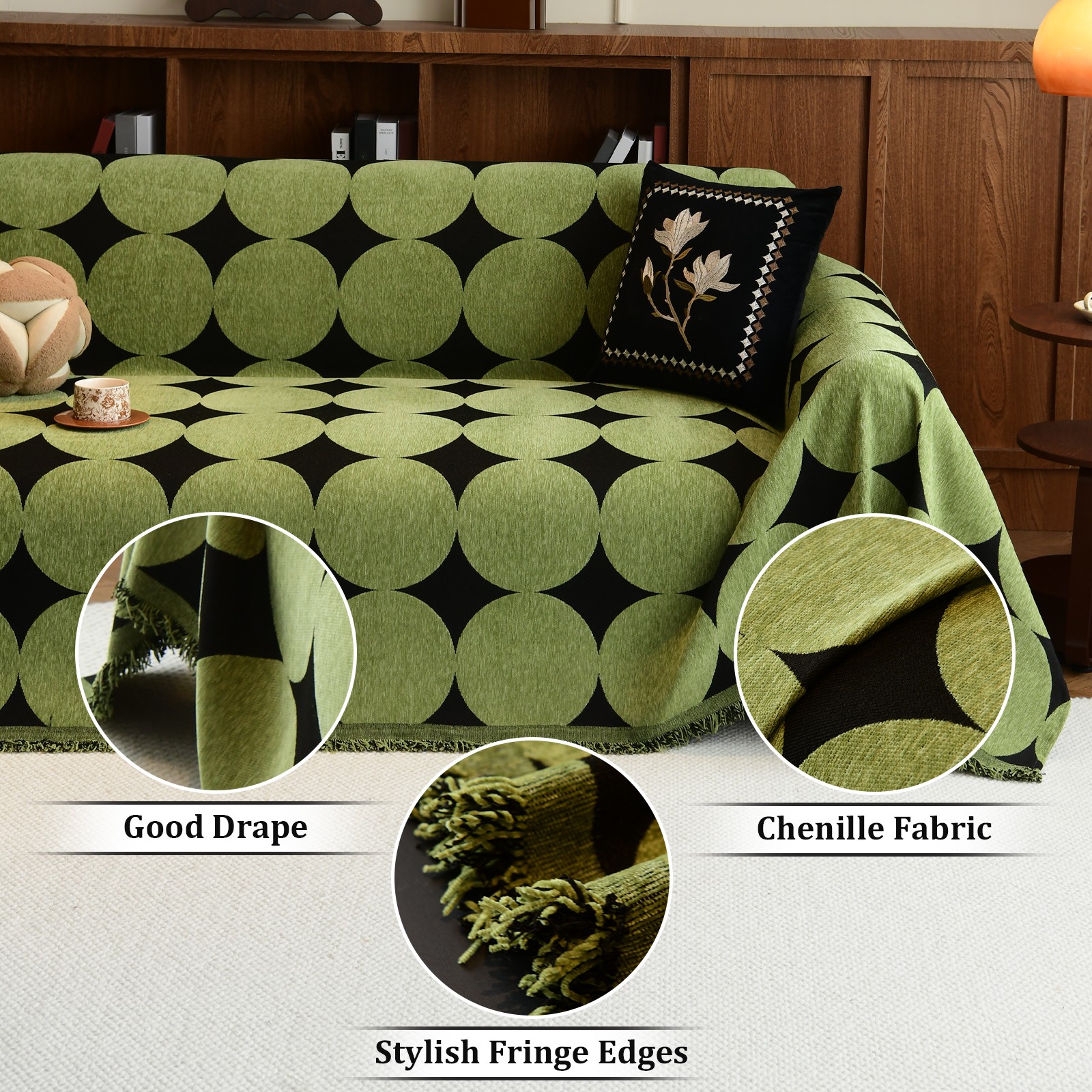 Chenille Sofa Cover Reversible Couch Cover Throw Blanket with Tassel Non-Slip