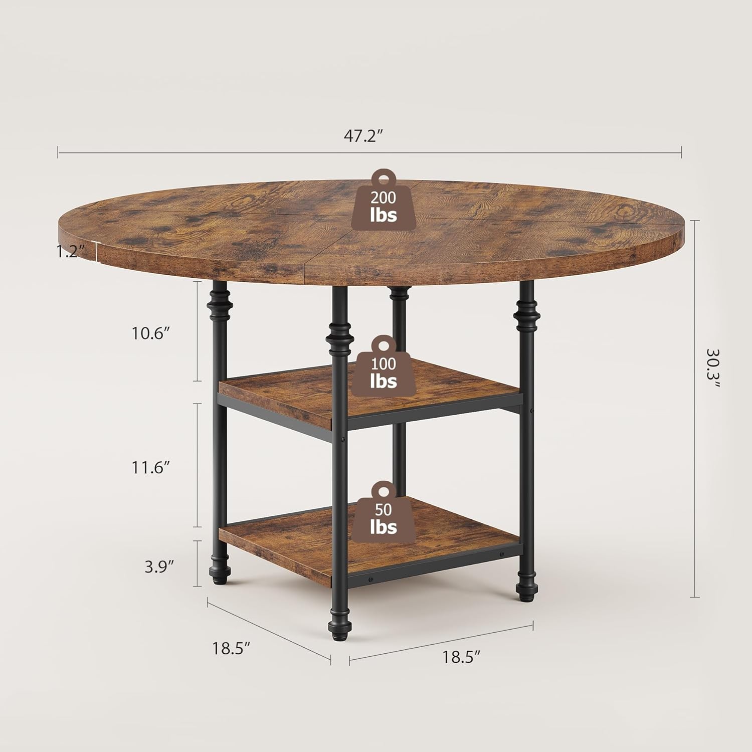 47 in Round Dining Table for 4-6 People Farmhouse Dinner Kitchen Table