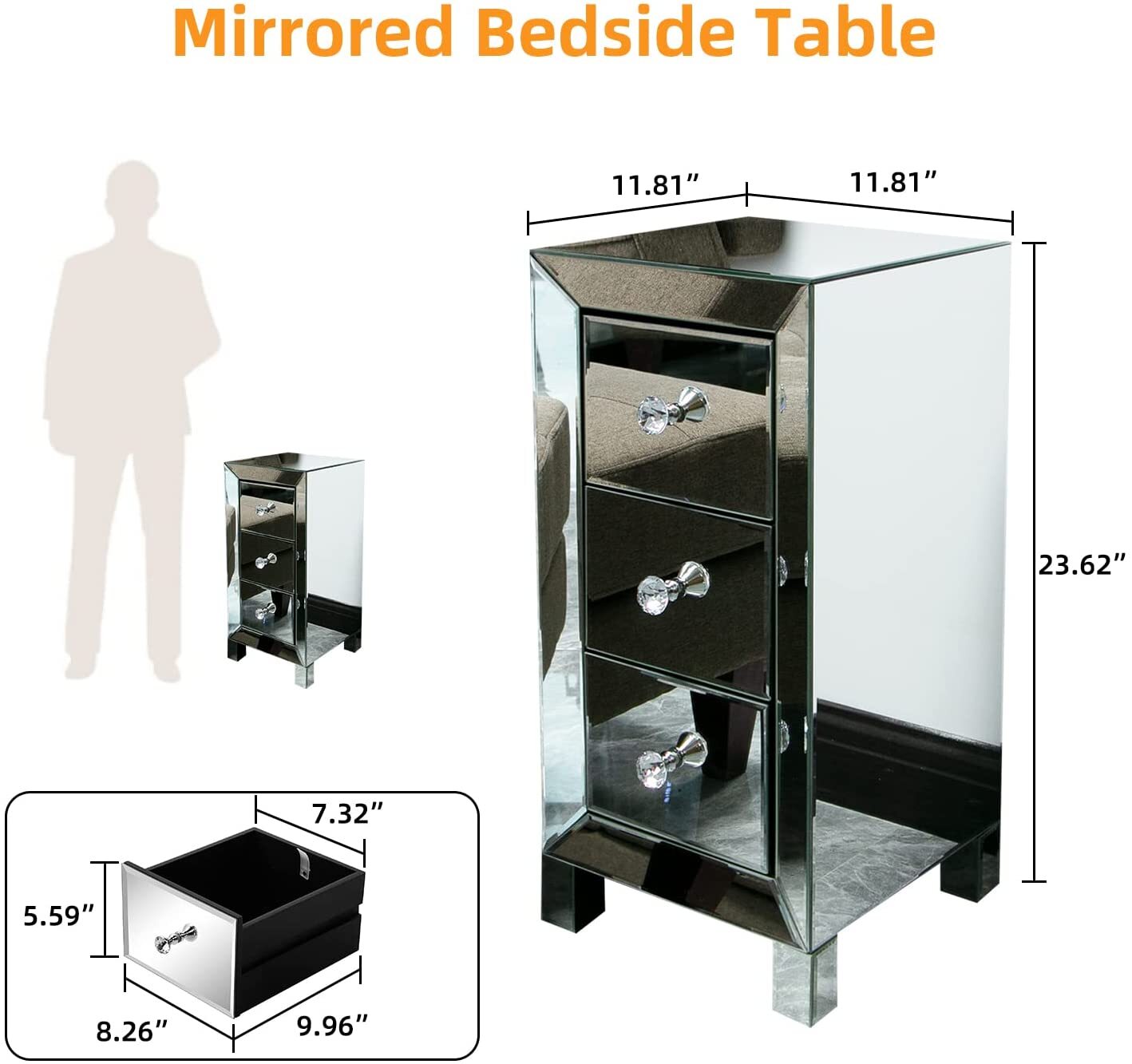 Mirrored Nightstand with 3 Drawer Modern Silver Finished End Bedside Table